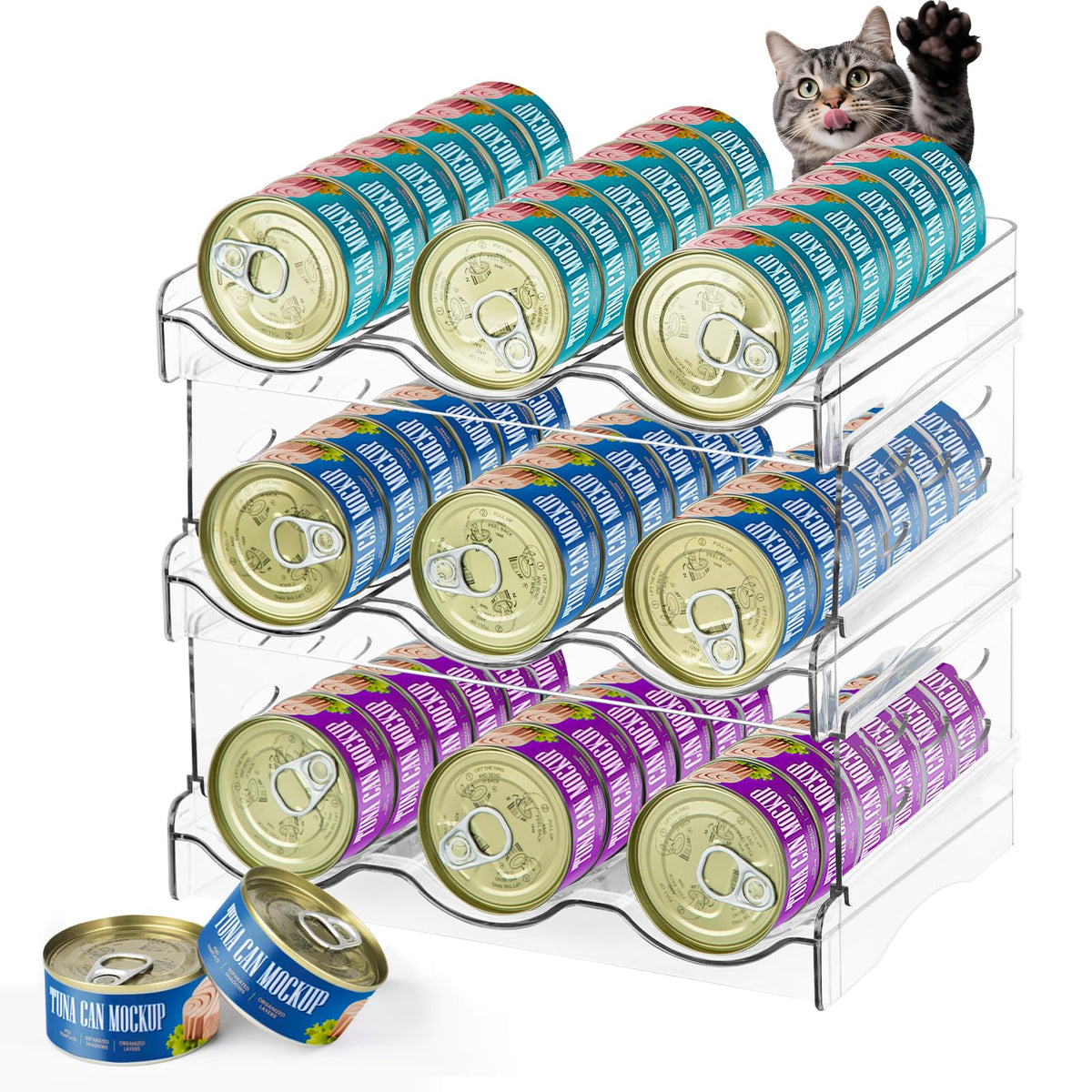REFLYING cat can organizer front view shows a clear 3-layer stack