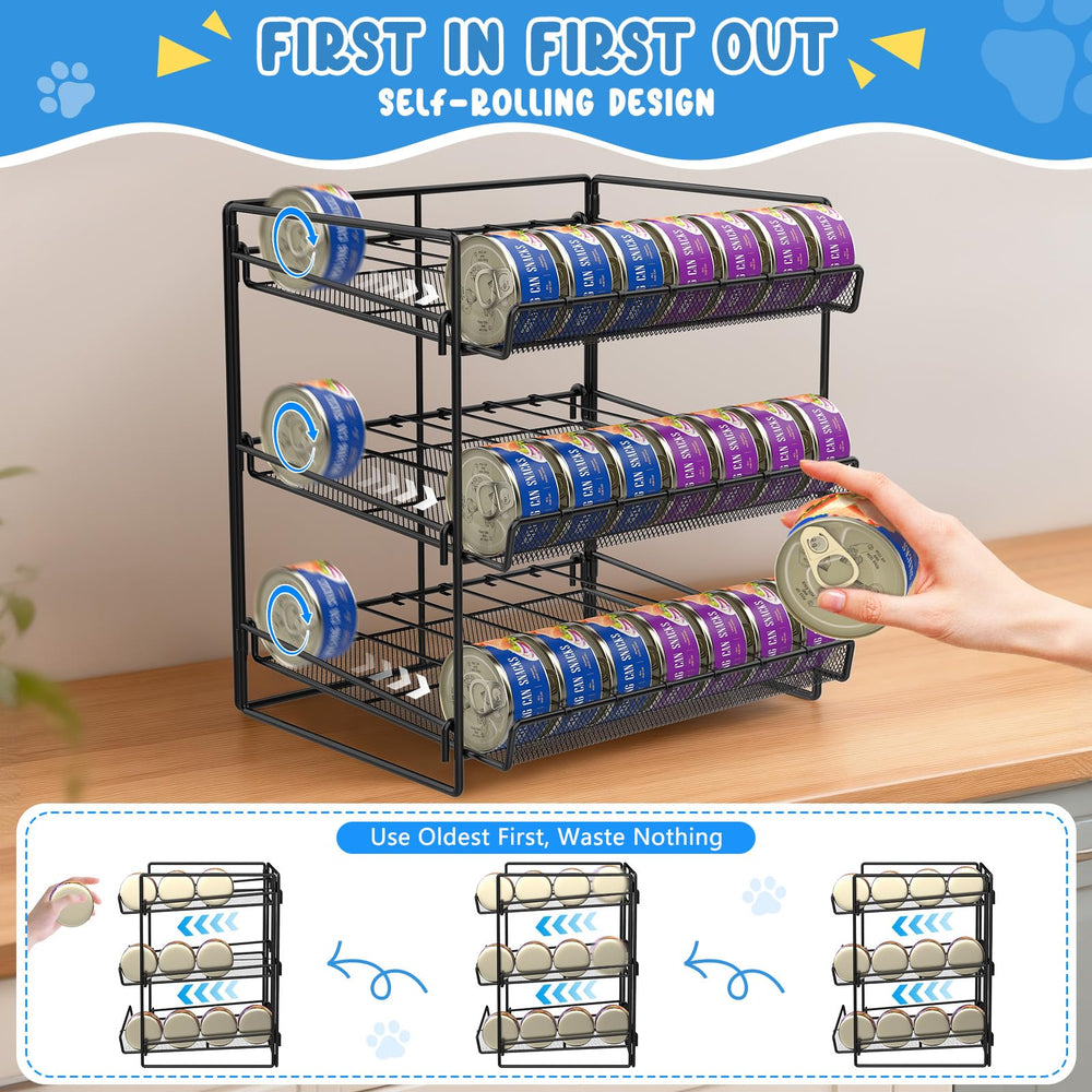 Reflying cat food can organizer in use in kitchen for easy access.