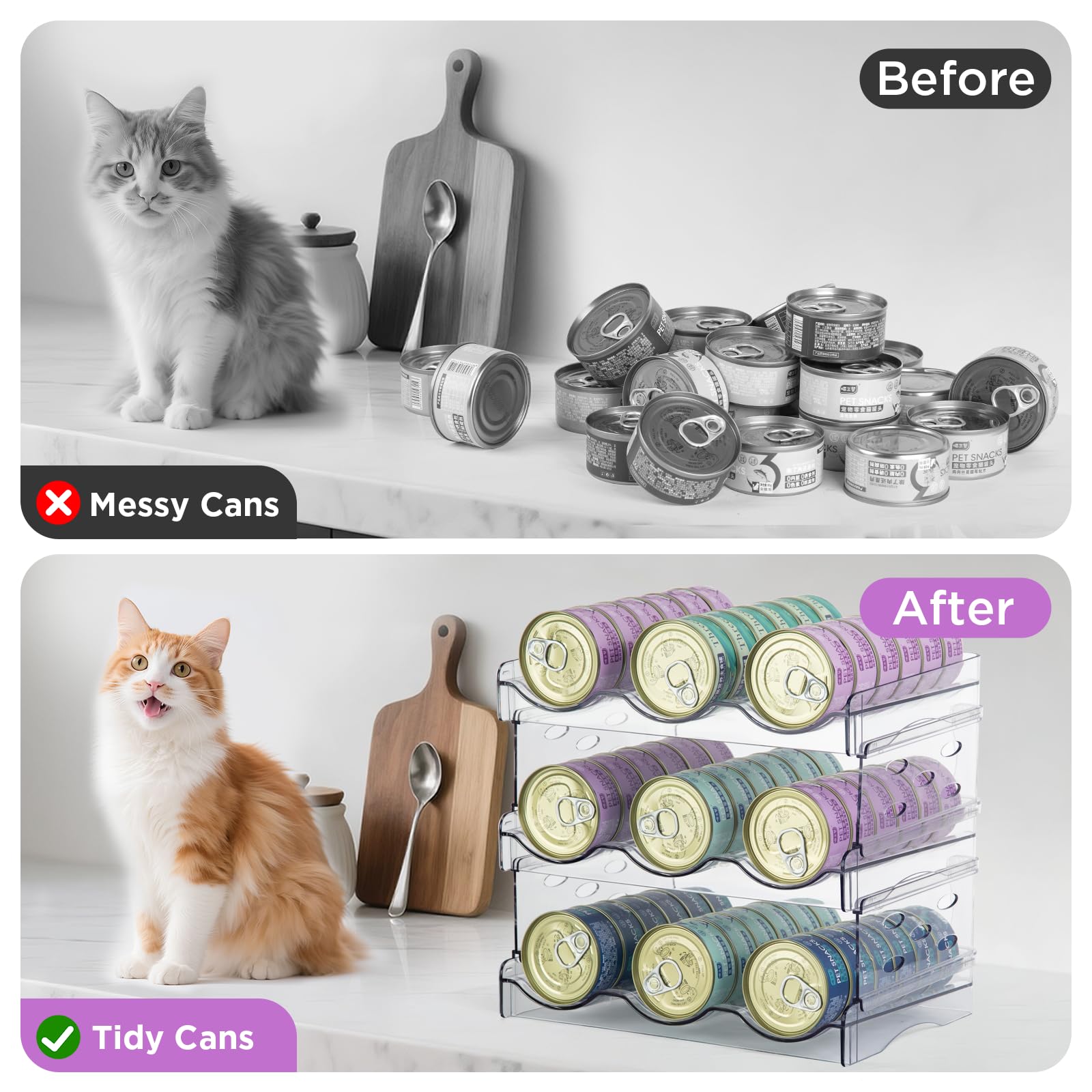 REFLYING cat can organizer on countertop demonstrates easy access and spill protection