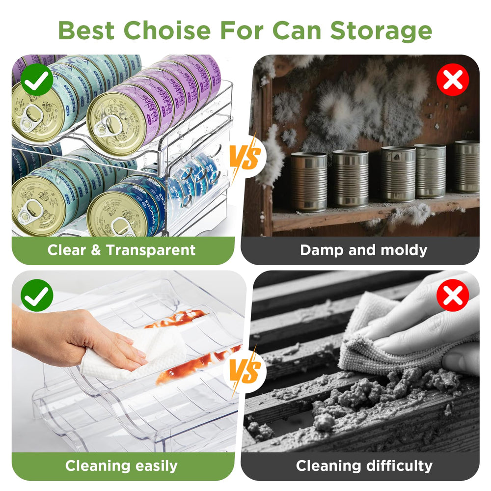 REFLYING transparent acrylic can rack shows contents at a glance and resists moisture.