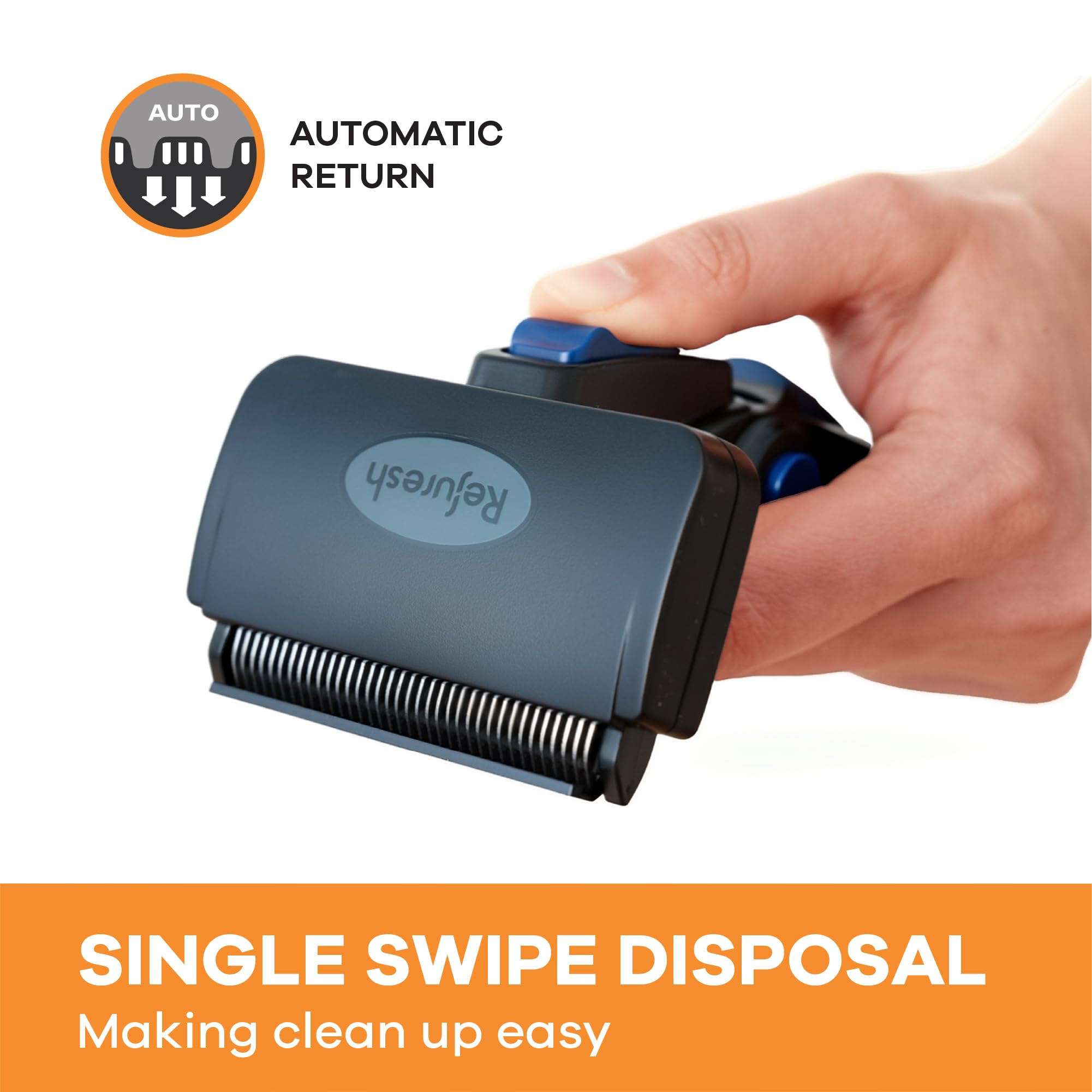 Refuresh deshedding brush ergonomic handle in hand for comfortable grooming sessions.