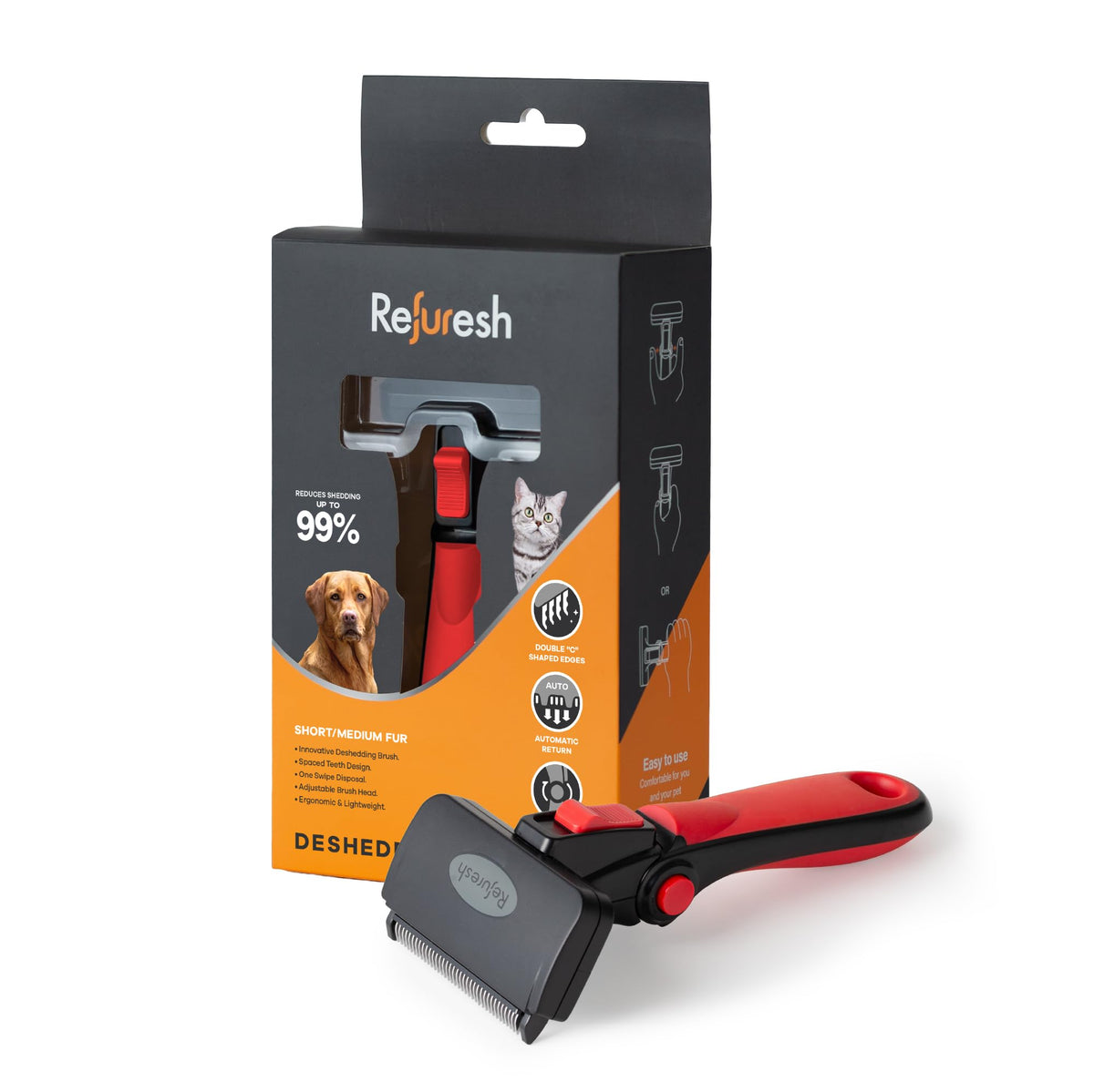 Refuresh deshedding brush red closeup with dual C shaped teeth for deep undercoat care.