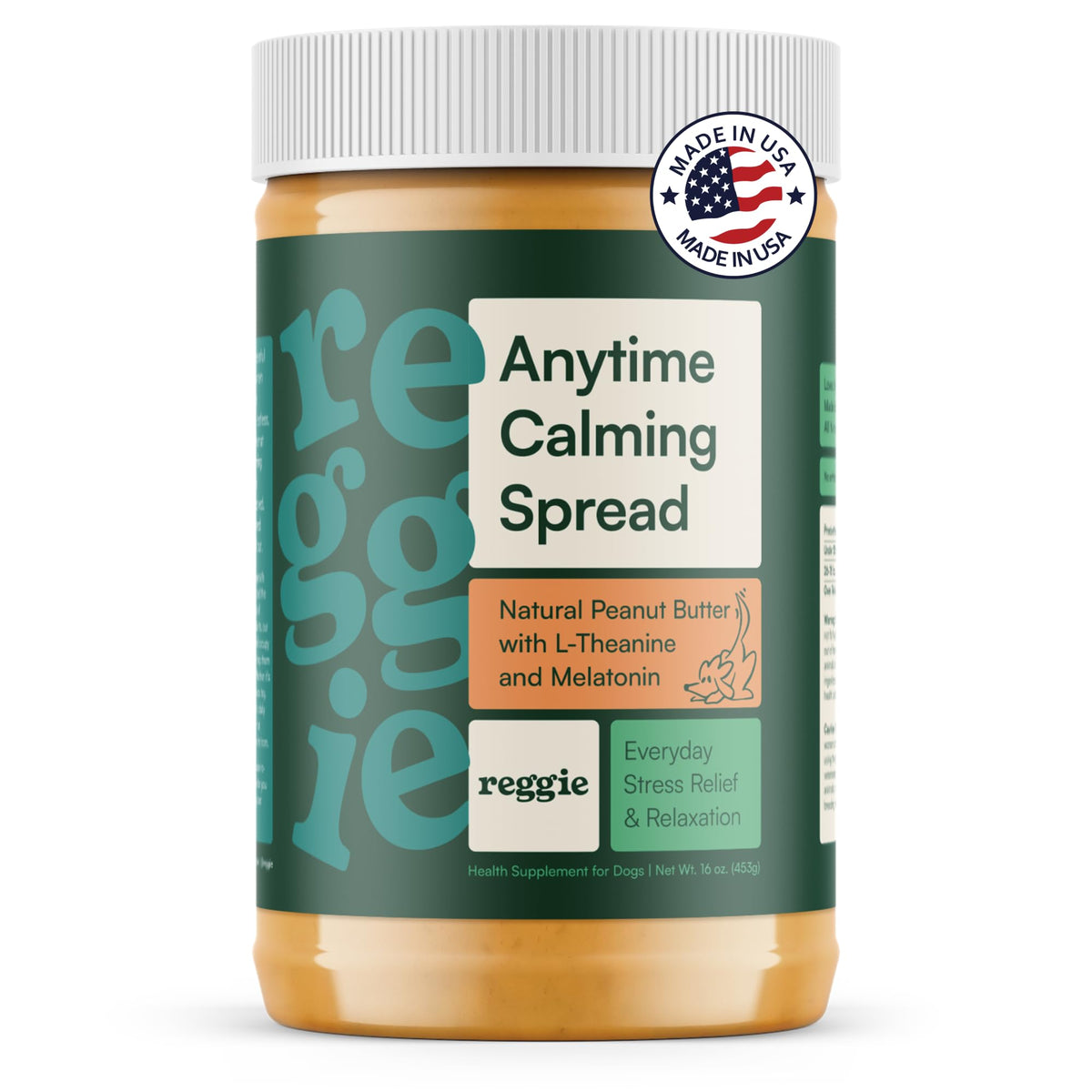Reggie Calming Spread bottle pour showing non-drowsy calm support for dogs.