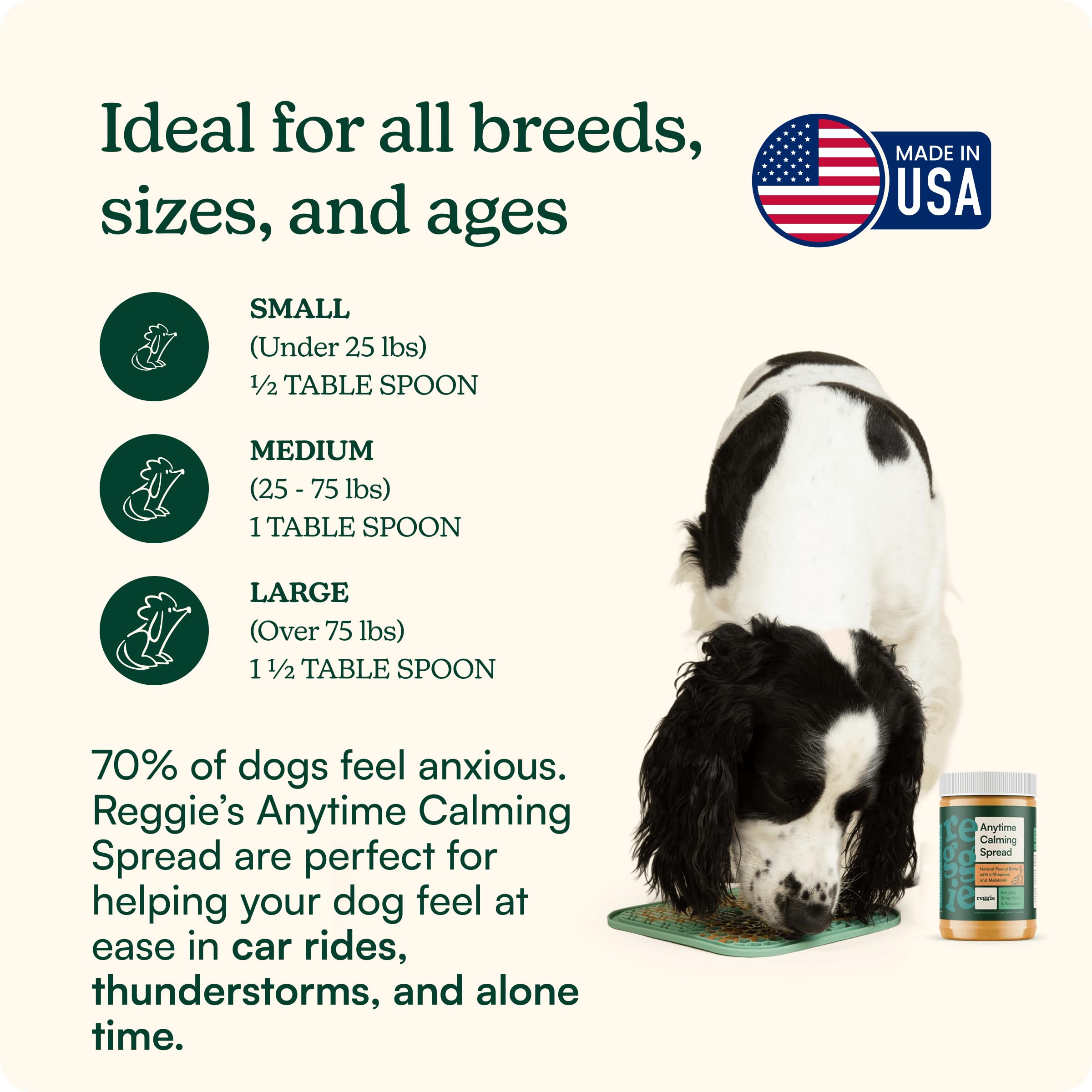 Reggie Calming Spread label closeup conveying USA-made safety and quality.