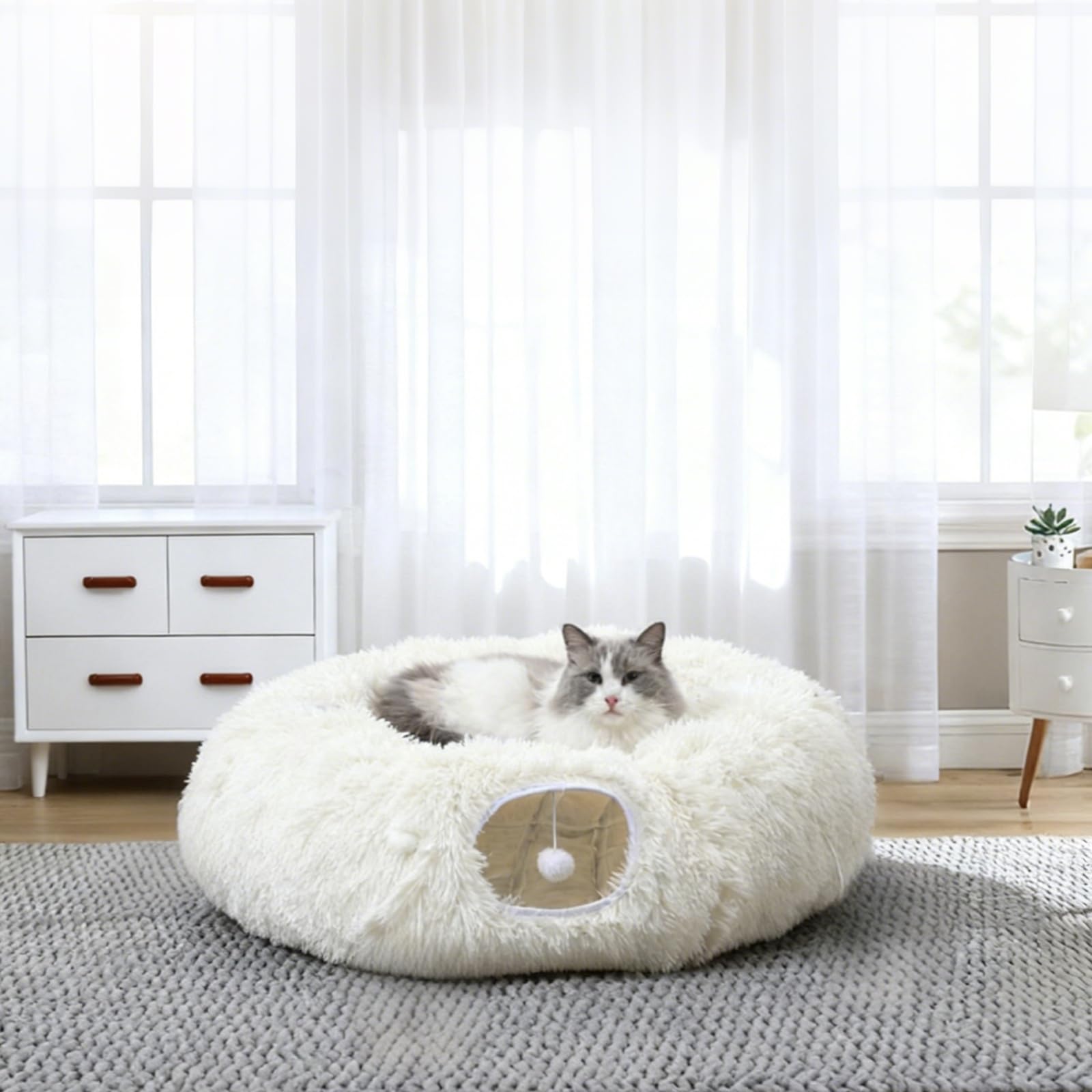 RELAXLATE large cat tunnel bed white, a cozy indoor retreat for naps and playful exploration.