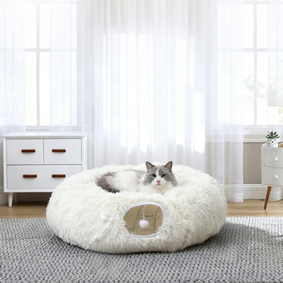 RELAXLATE large cat tunnel bed white, a cozy indoor retreat for naps and playful exploration.