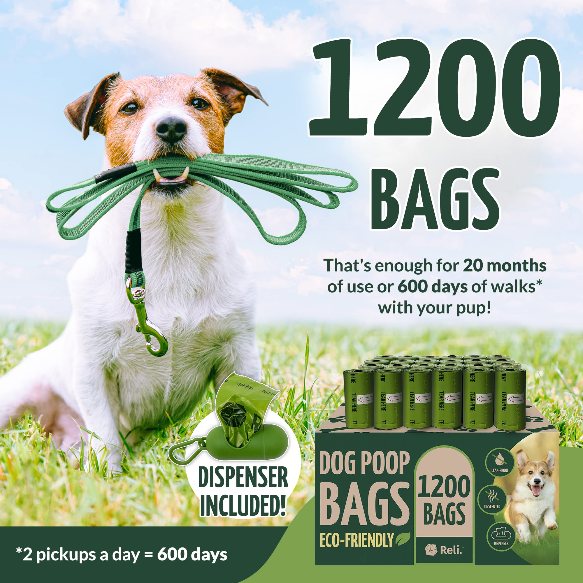 Reli 1,200-count biodegradable dog bags for bulk outdoor use.