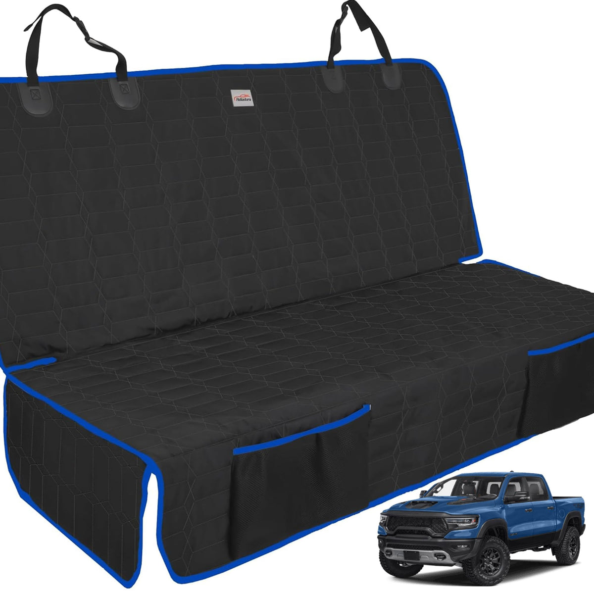 Reliadura back seat cover for dogs on a truck bench protects upholstery.