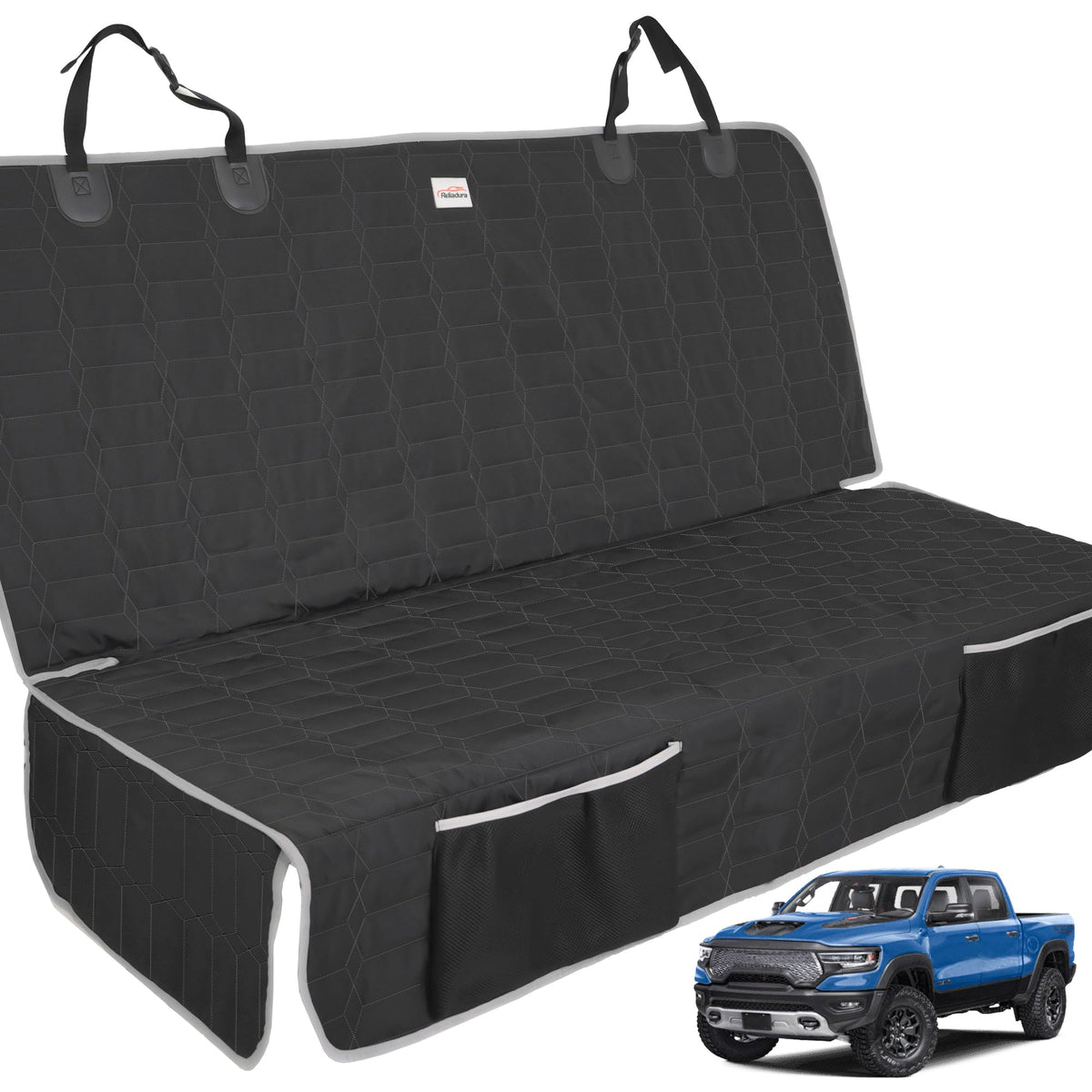 Reliadura dog seat cover on truck back seat protecting 61-inch benches during travel