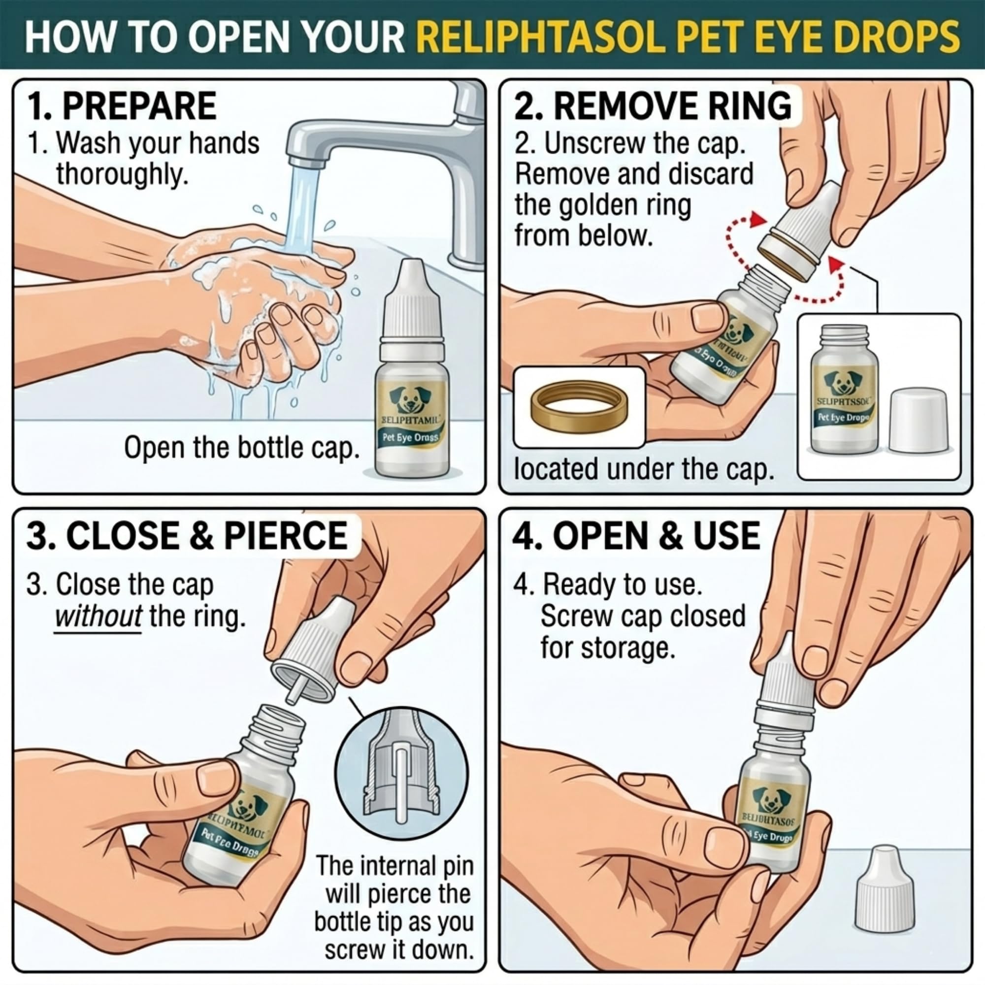 Hands applying RELIPHTASOL drops to a pet's eye.