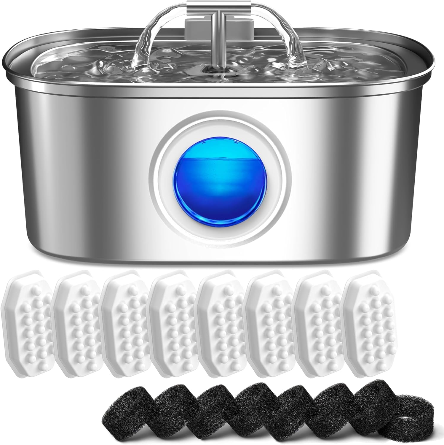 Rellaty cat water fountain in stainless steel, side view highlighting durable design.