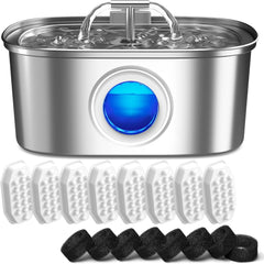 Rellaty cat water fountain in stainless steel, side view highlighting durable design.