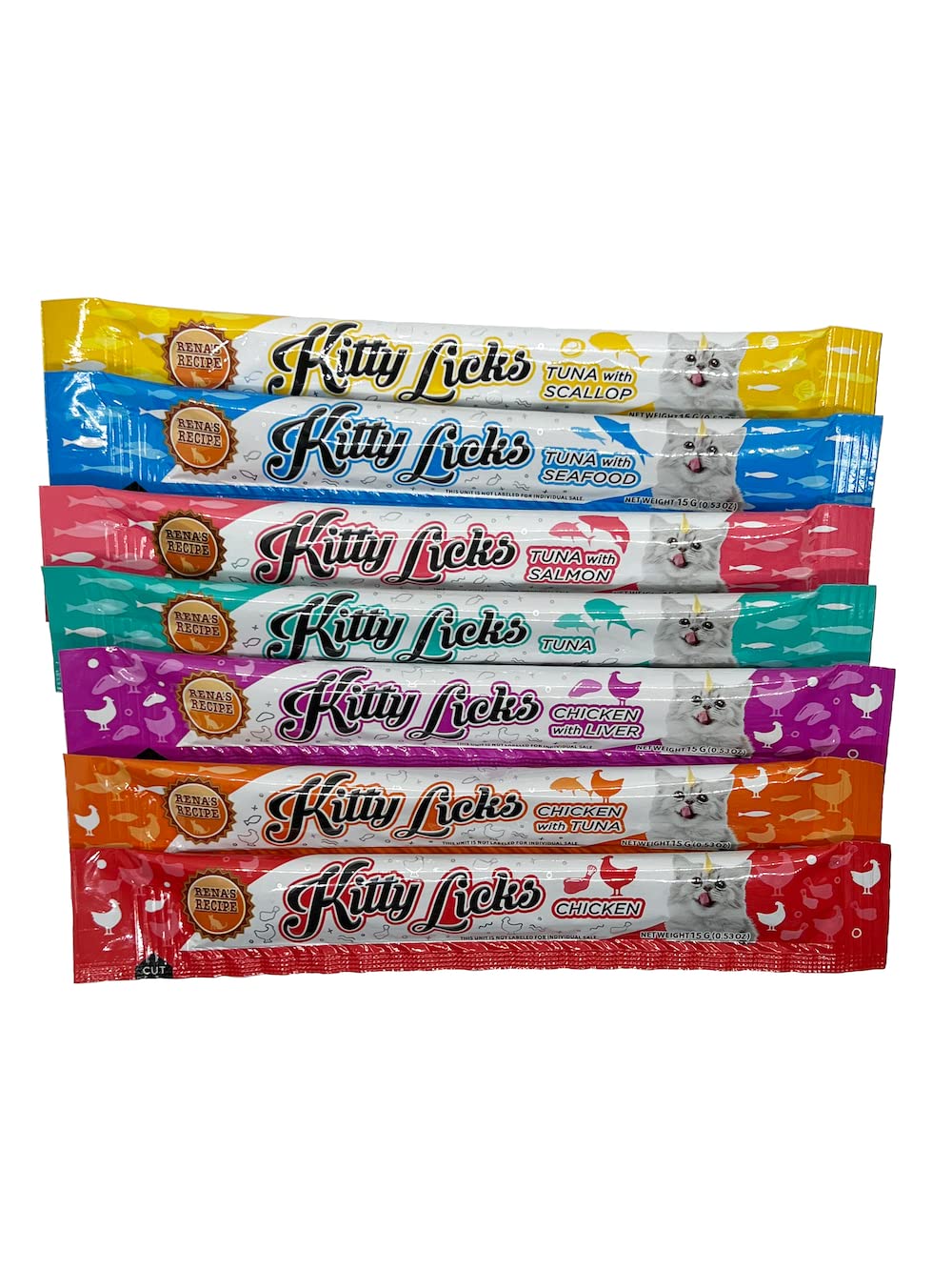 Rena's Recipe Kitty Licks tubes shown for direct hand-feeding moments.