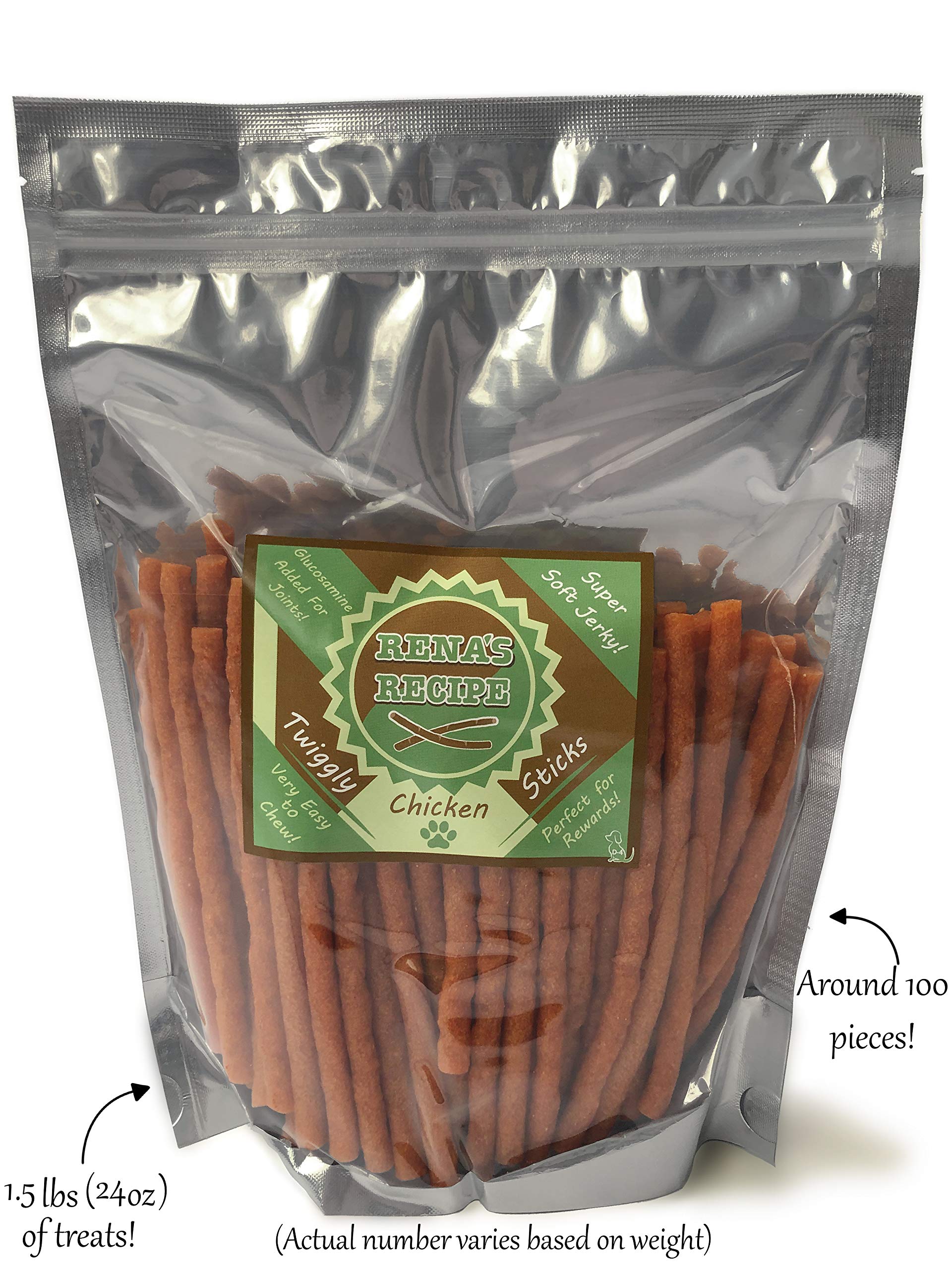 Close-up of Twiggly Chicken Sticks texture for a soft, chew-friendly snack.