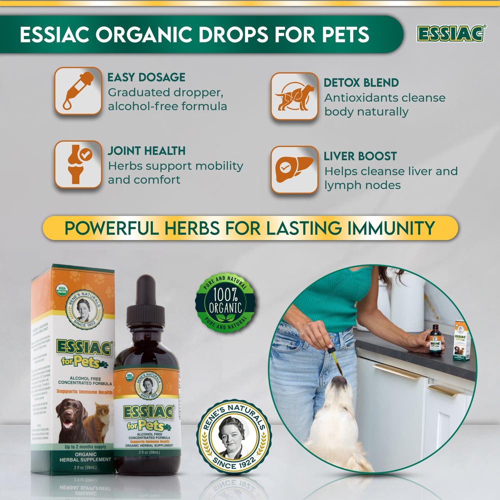 Rene's Naturals Essiac for Pets bottle-label detail — USDA Organic herbal blend for pets.