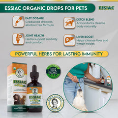 Rene's Naturals Essiac for Pets bottle-label detail — USDA Organic herbal blend for pets.