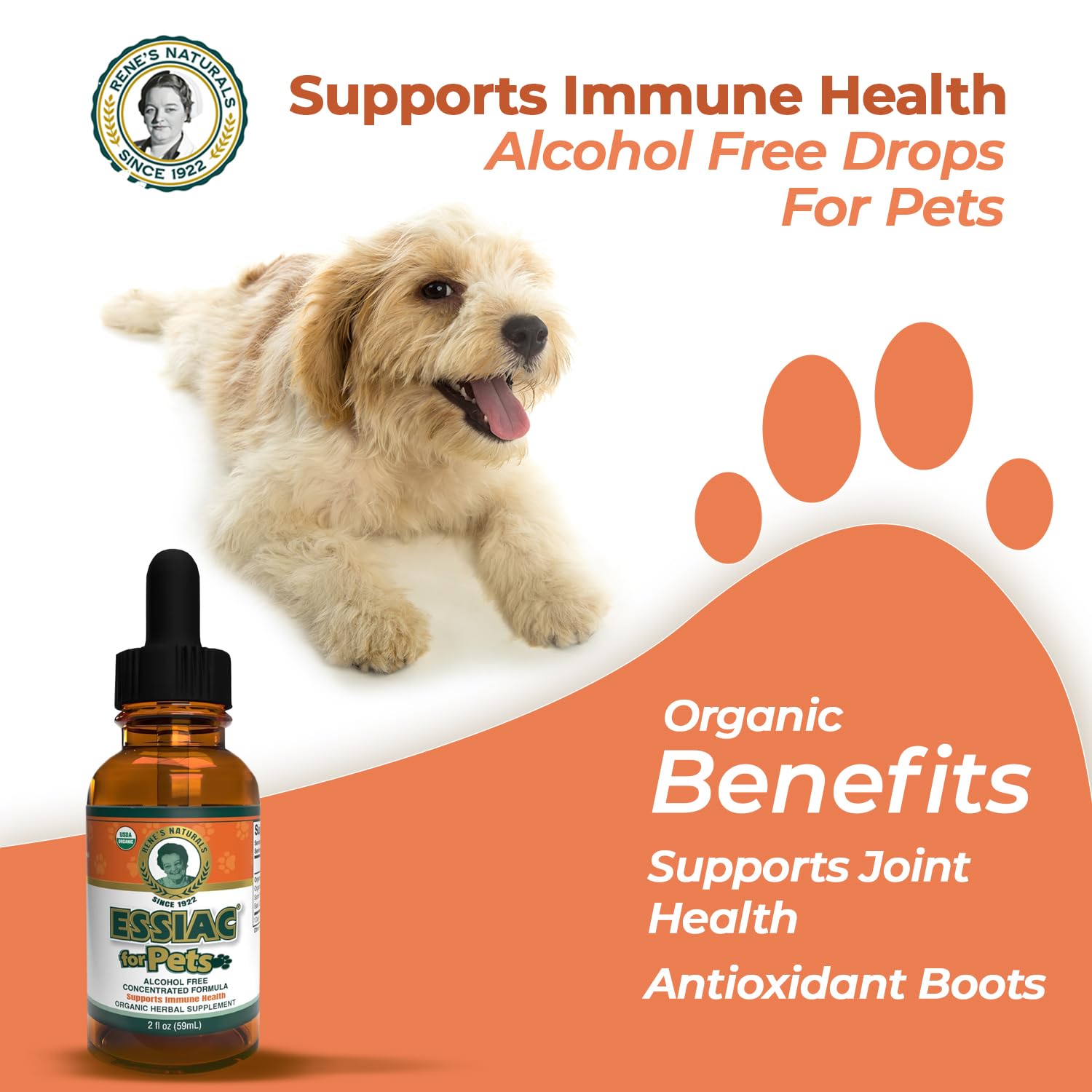 Rene's Naturals Essiac for Pets herbal blend — organic roots for wellness.