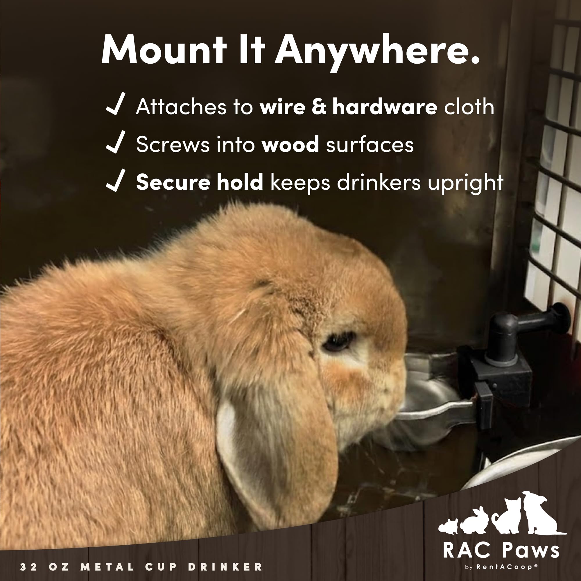 RentACoop chewproof metal cup resists rabbit and rodent gnawing.