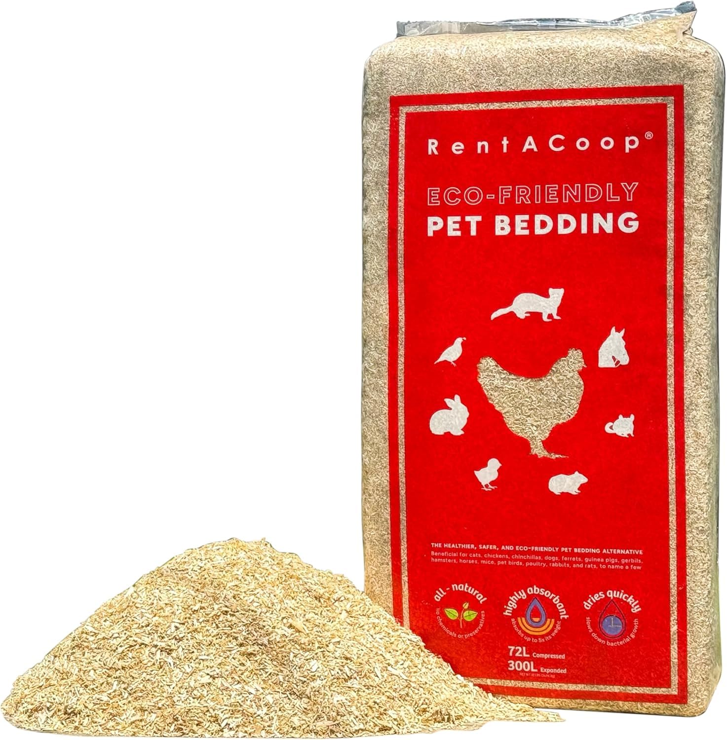 RentACoop extra-soft hemp bedding 300L bale expands to cover coop space.