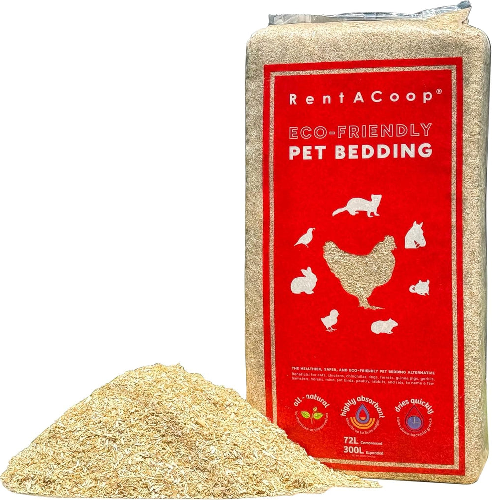 RentACoop extra-soft hemp bedding 300L bale expands to cover coop space.
