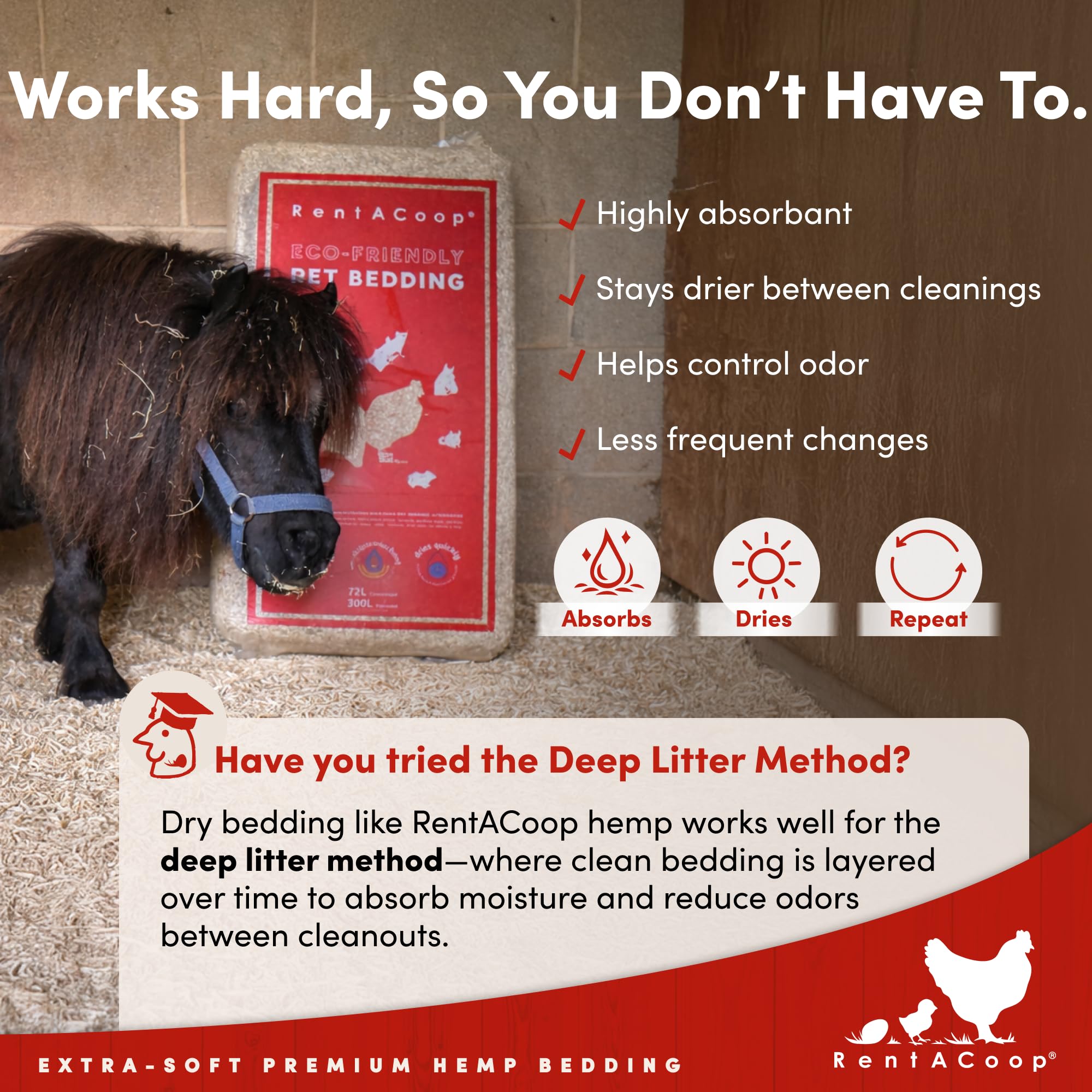 RentACoop humidity-control hemp bedding helps manage damp coop environments.