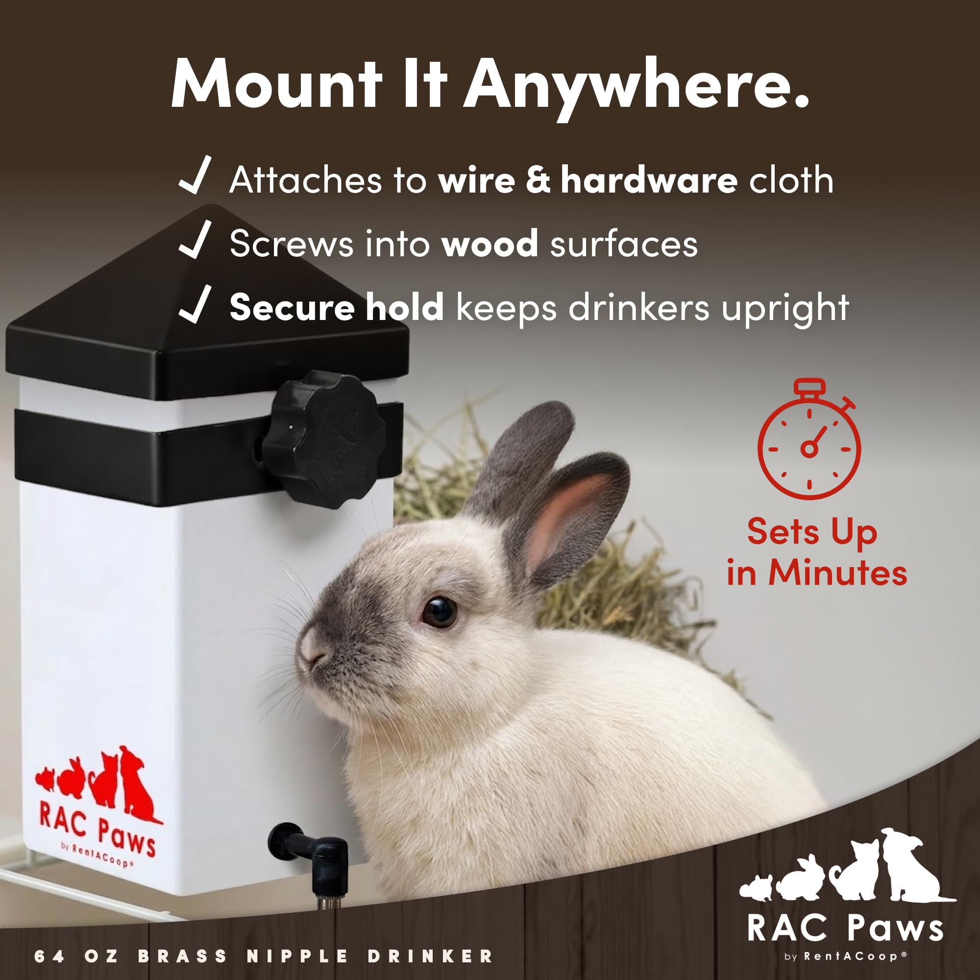 RentACoop waterer mounts on wire or wood for stable setup.