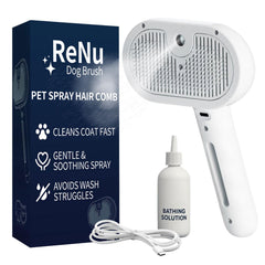 ReNu Dog Brush 3in1 spray self-cleaning in action reduces static and hair mess.