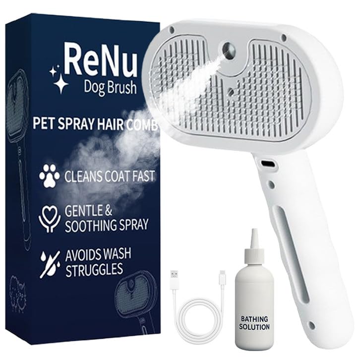 ReNu Dog Brush Fresh Fur Steam Brush provides soothing steam for calm grooming sessions.