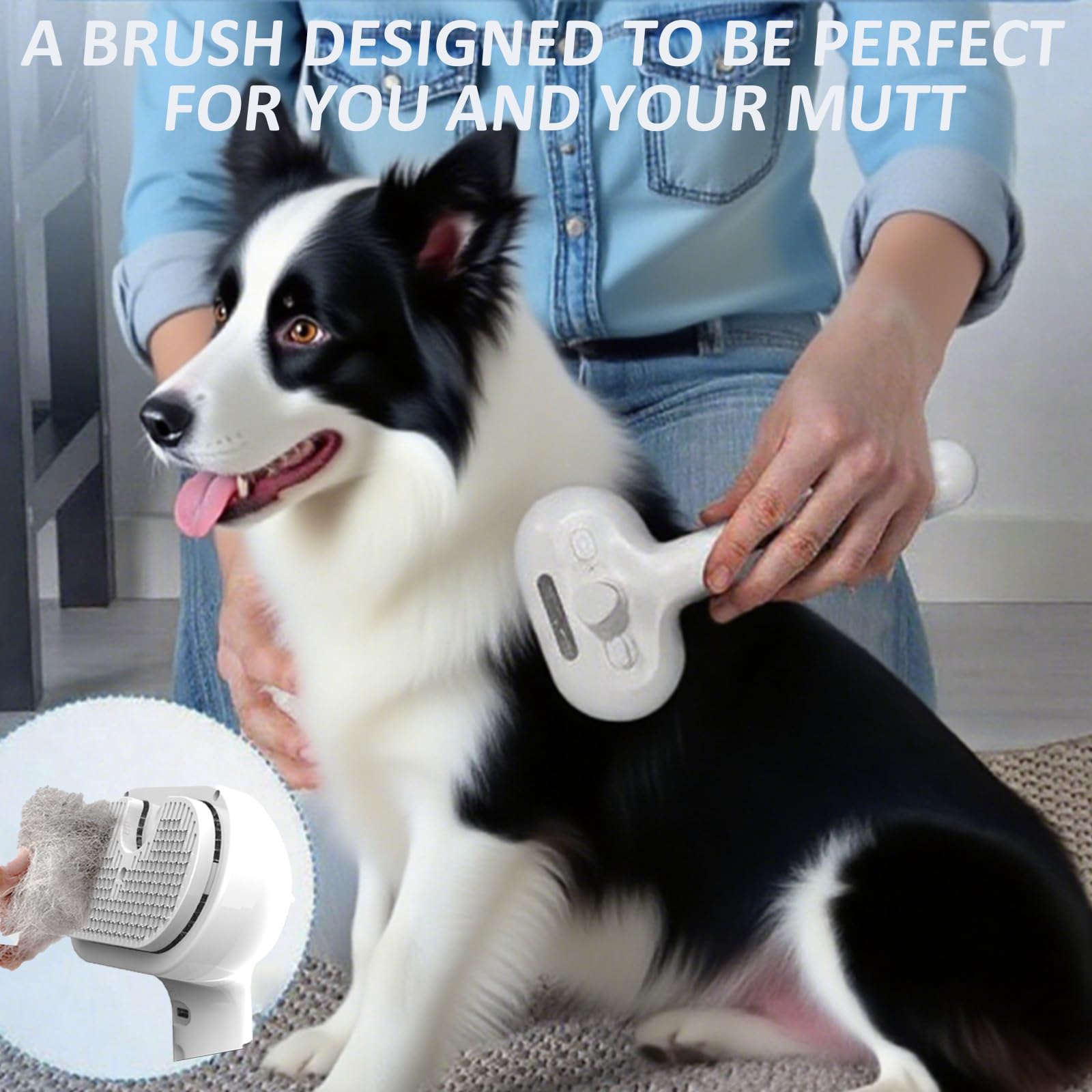 ReNu Dog Brush self-cleaning button close-up demonstrating mess-free hair release.