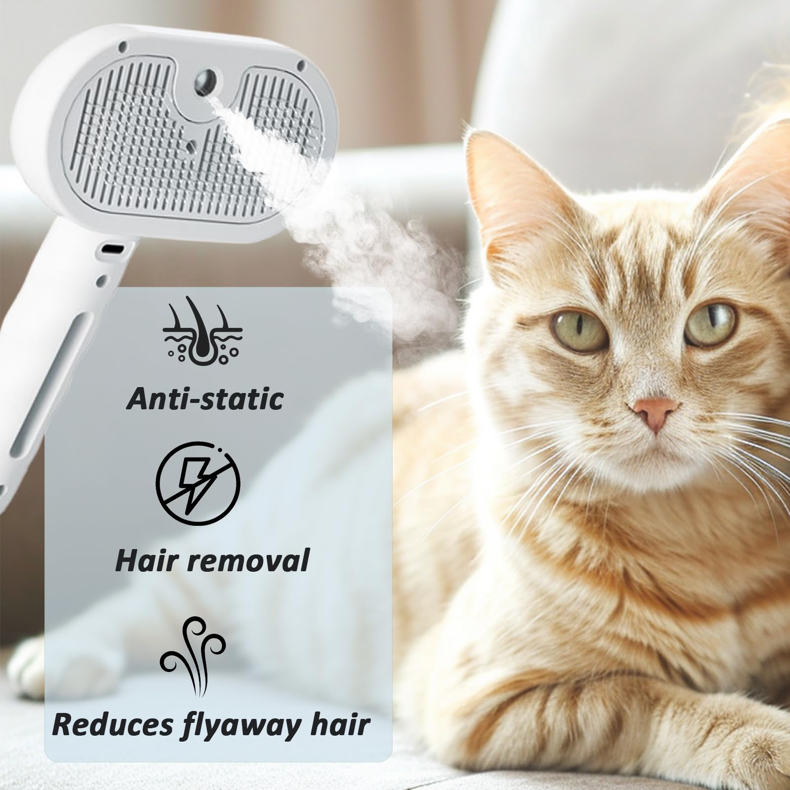 ReNu Dog Brush Steam Mist Action highlights gentle mist to detangle while grooming.