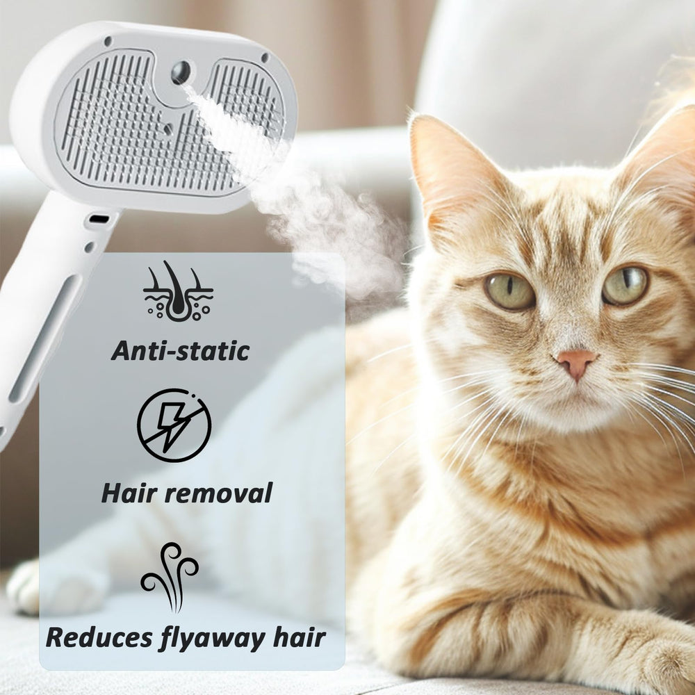 ReNu Dog Brush Steam Mist Action highlights gentle mist to detangle while grooming.