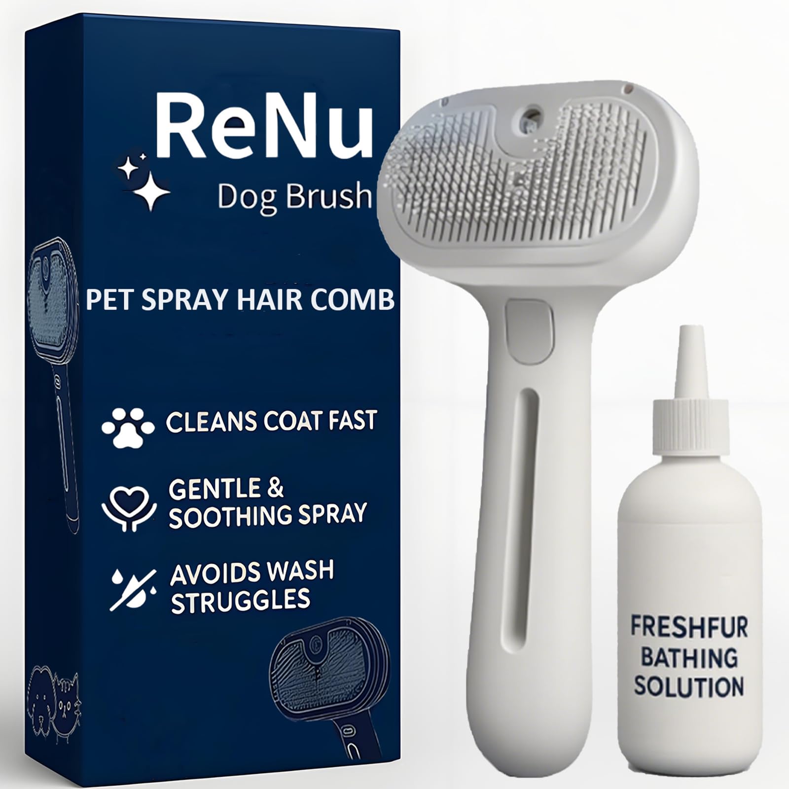 Renu Dog Brush steamy shower shown in action for bath-time fur removal.