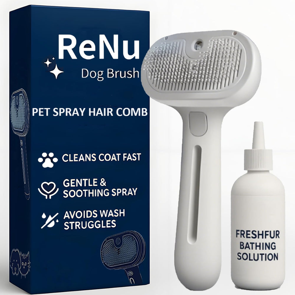 Renu Dog Brush steamy shower shown in action for bath-time fur removal.