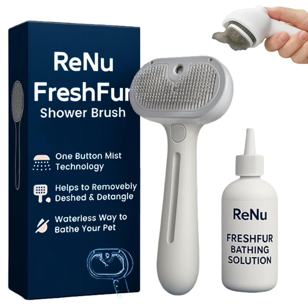 Renu FreshFur dog brush front view for comfortable grooming and efficient shedding control.