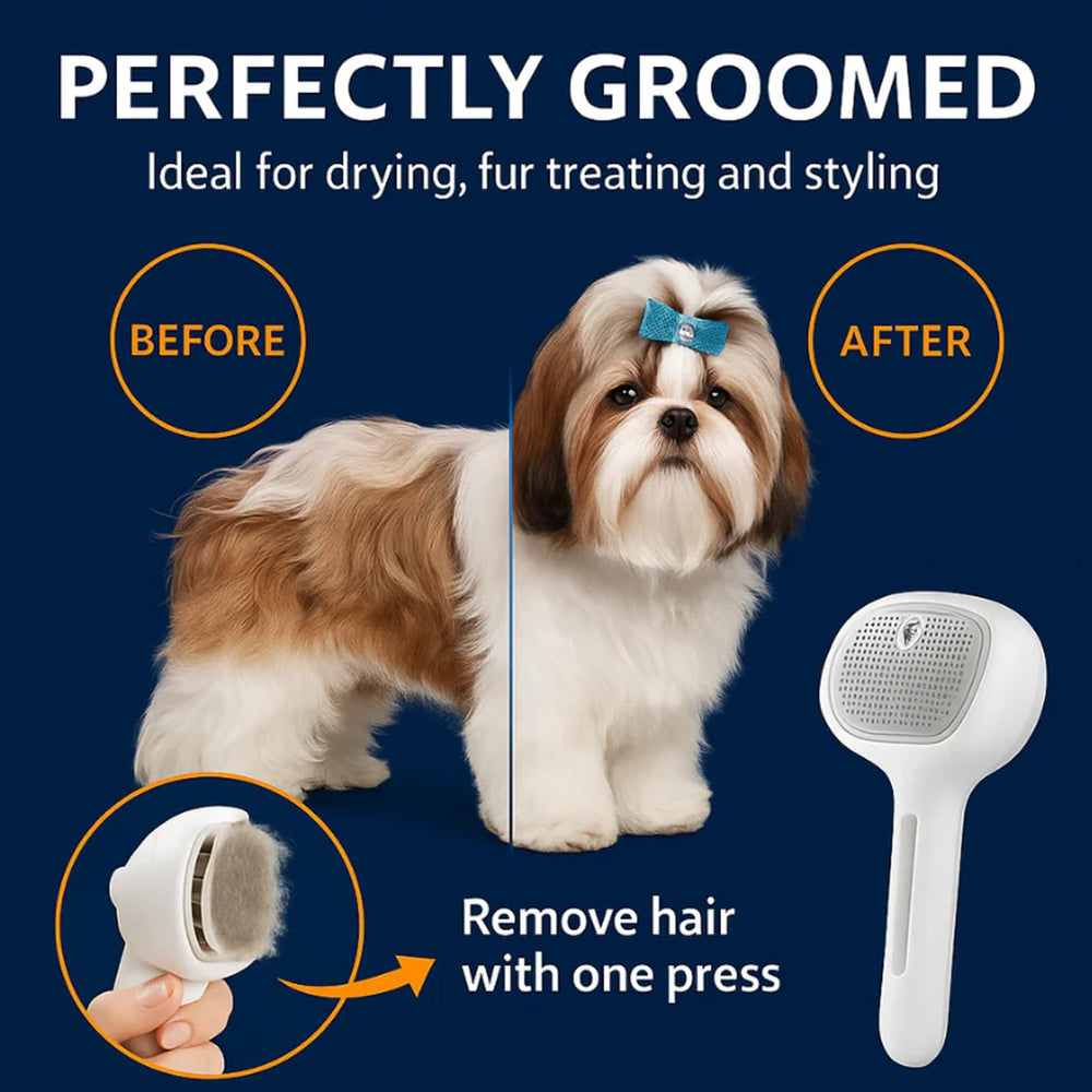 Renu FreshFur dog brush side view highlights ergonomic handle for long grooming sessions.