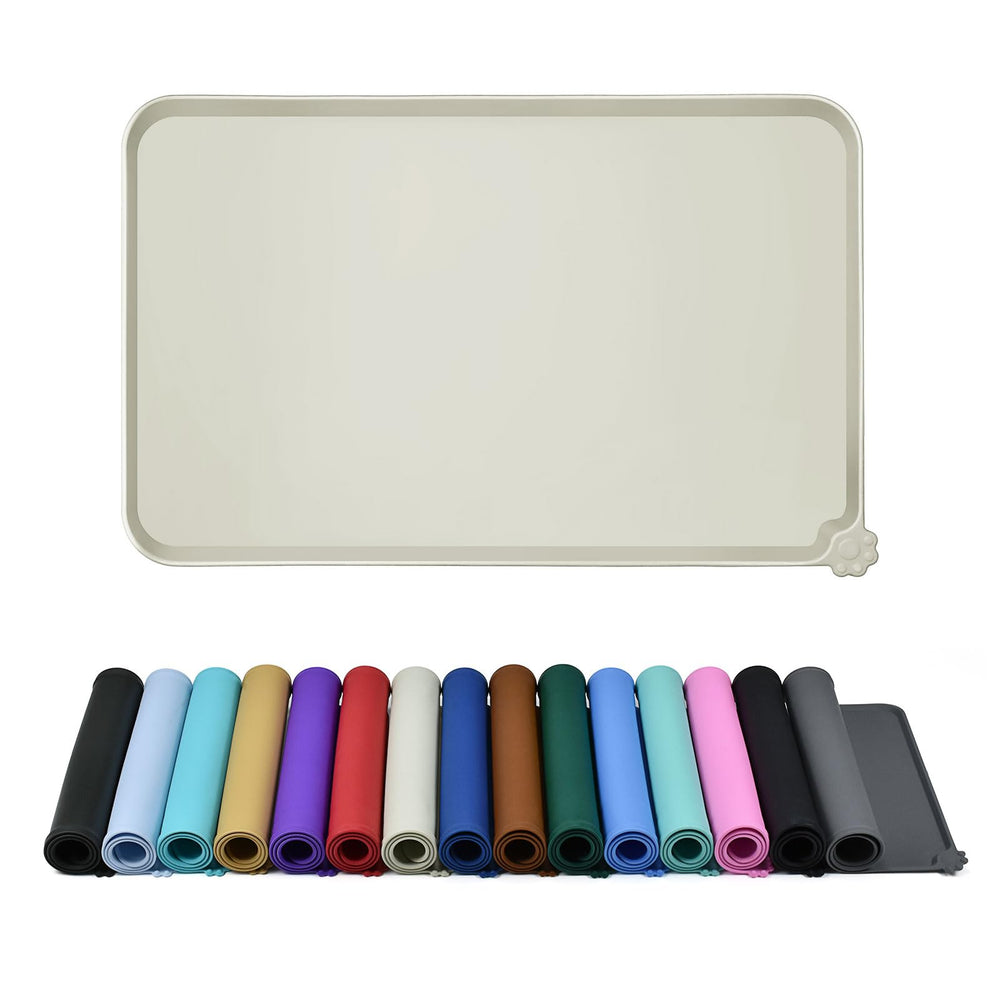 Reopet waterproof feeding mat with raised edge protects floors from spills.