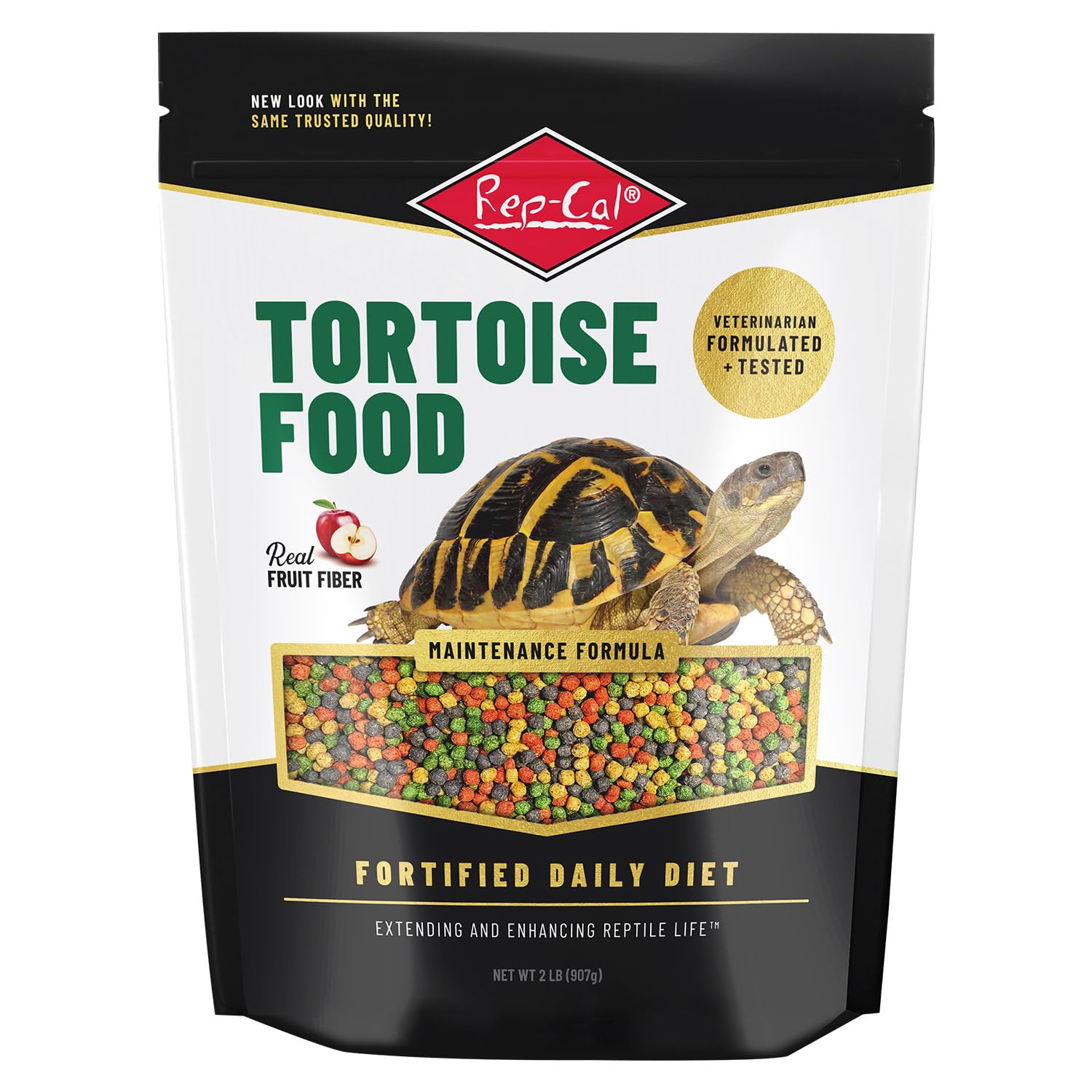 Rep-Cal Adult Tortoise Food 2lbs bag closeup for balanced nutrition in tortoises.