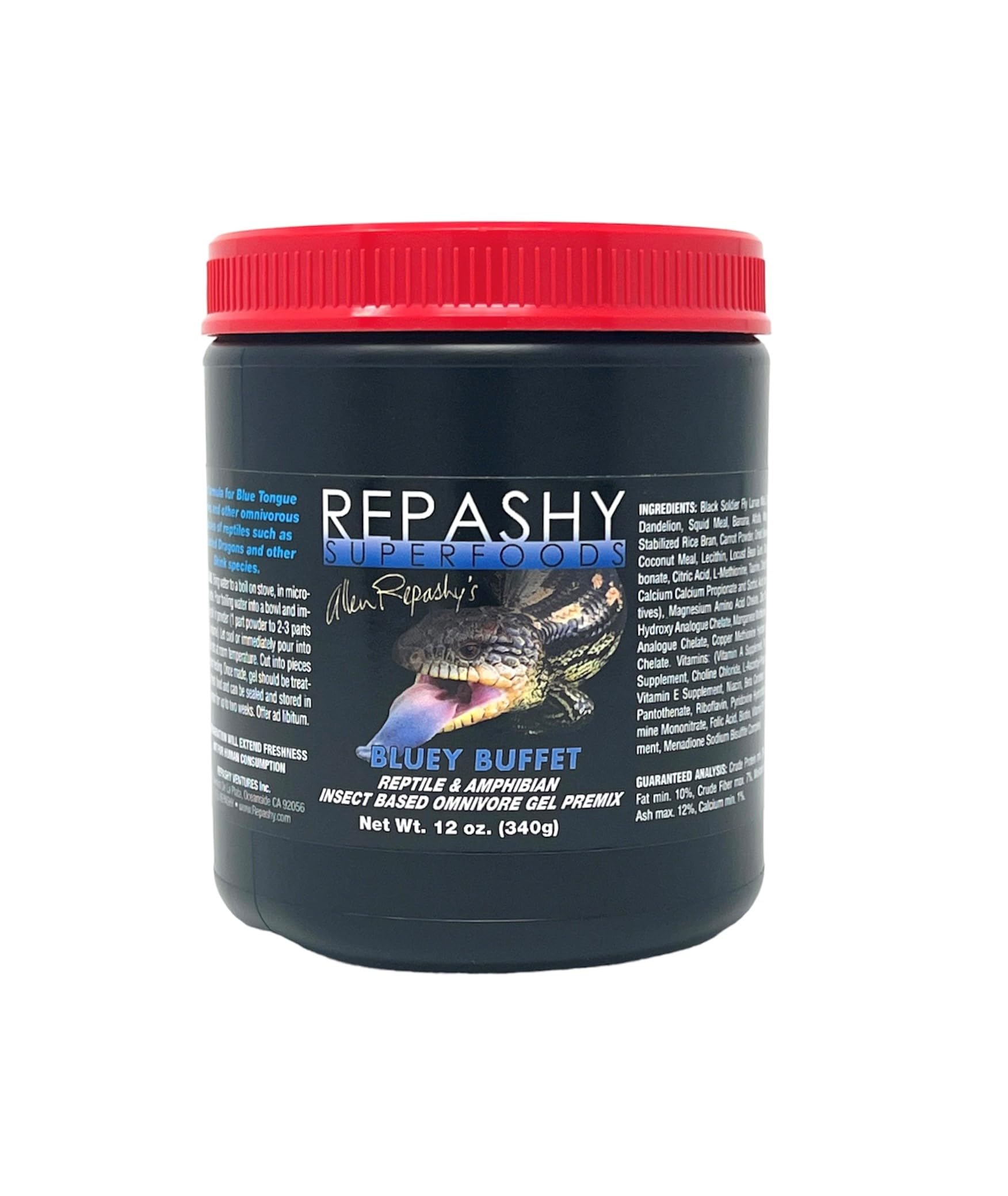 Repashy Bluey Buffet jar for omnivorous reptiles, highlighting balanced nutrition.