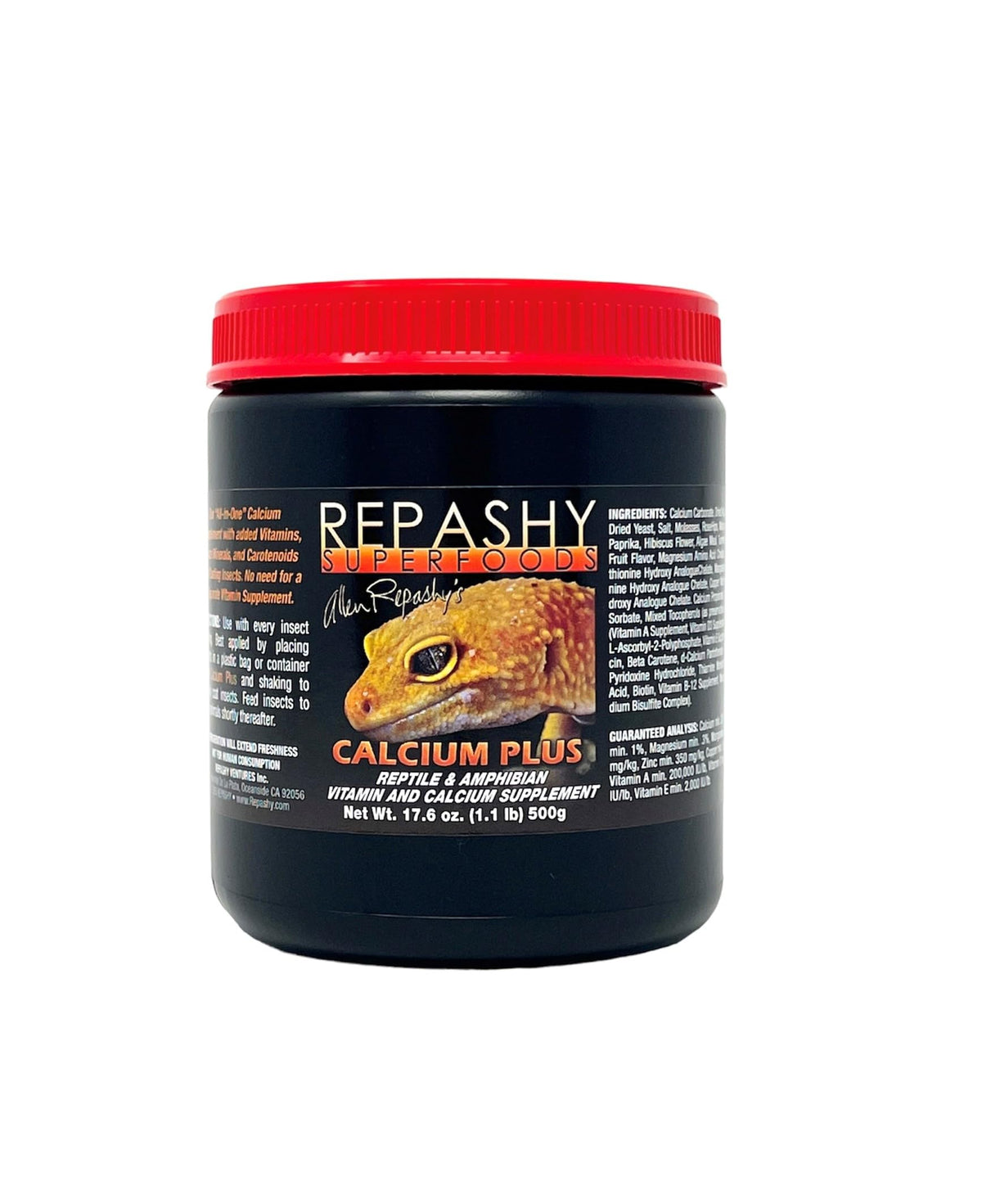 Repashy Calcium Plus 17.6 oz jar for dusting feeder insects with vitamins and minerals.