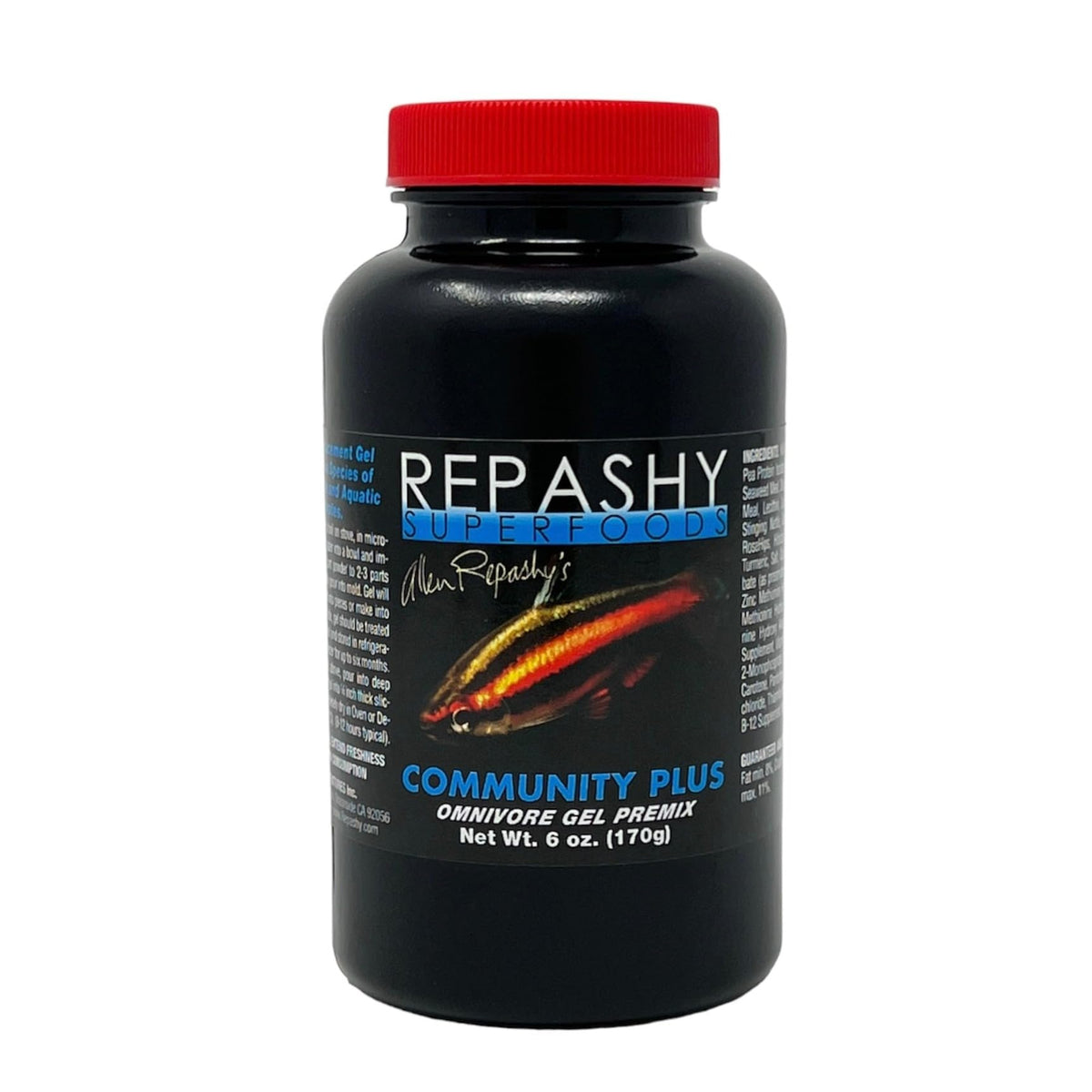 Repashy Community Plus 6 oz jar, high-protein gel feed for omnivorous freshwater species.