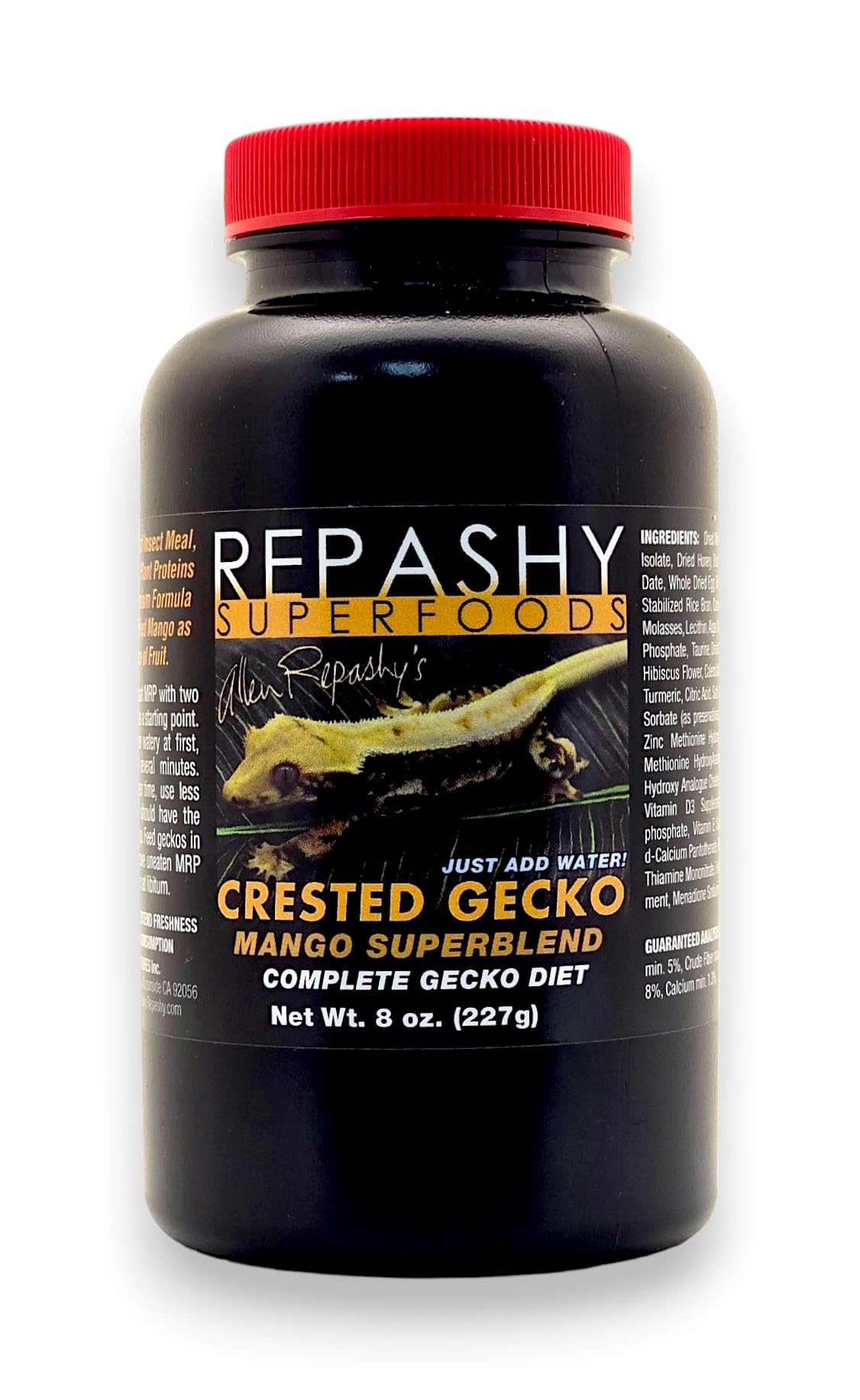 Repashy Crested Gecko Diet Mango Superblend jar front view for balanced gecko nutrition.
