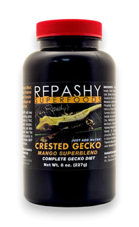 Repashy Crested Gecko Diet Mango Superblend jar front view for balanced gecko nutrition.