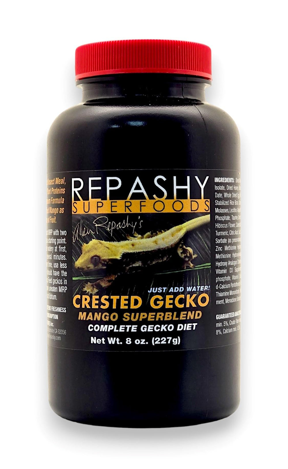 Repashy Crested Gecko Diet Mango Superblend jar front view for balanced gecko nutrition.