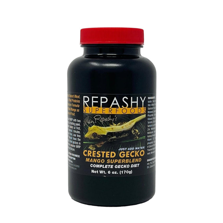 Repashy Crested Gecko Mango Superblend jar for balanced nutrition and gecko palatability.