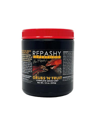 Repashy Grubs 'N' Fruit Crested Gecko Diet jar for fruit-eating geckos; balanced nutrition.