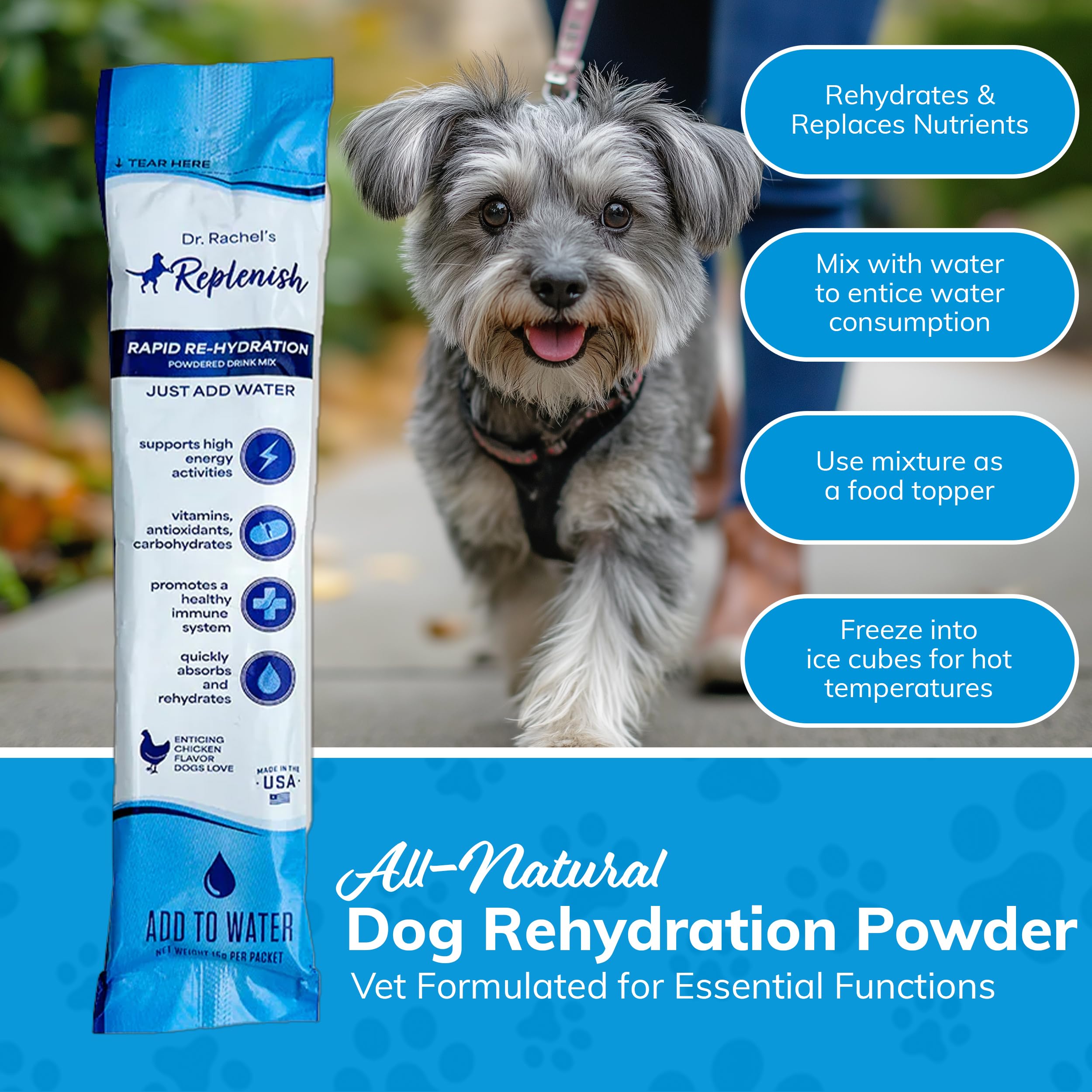 Replenish post-exercise hydration water for dogs supports recovery.