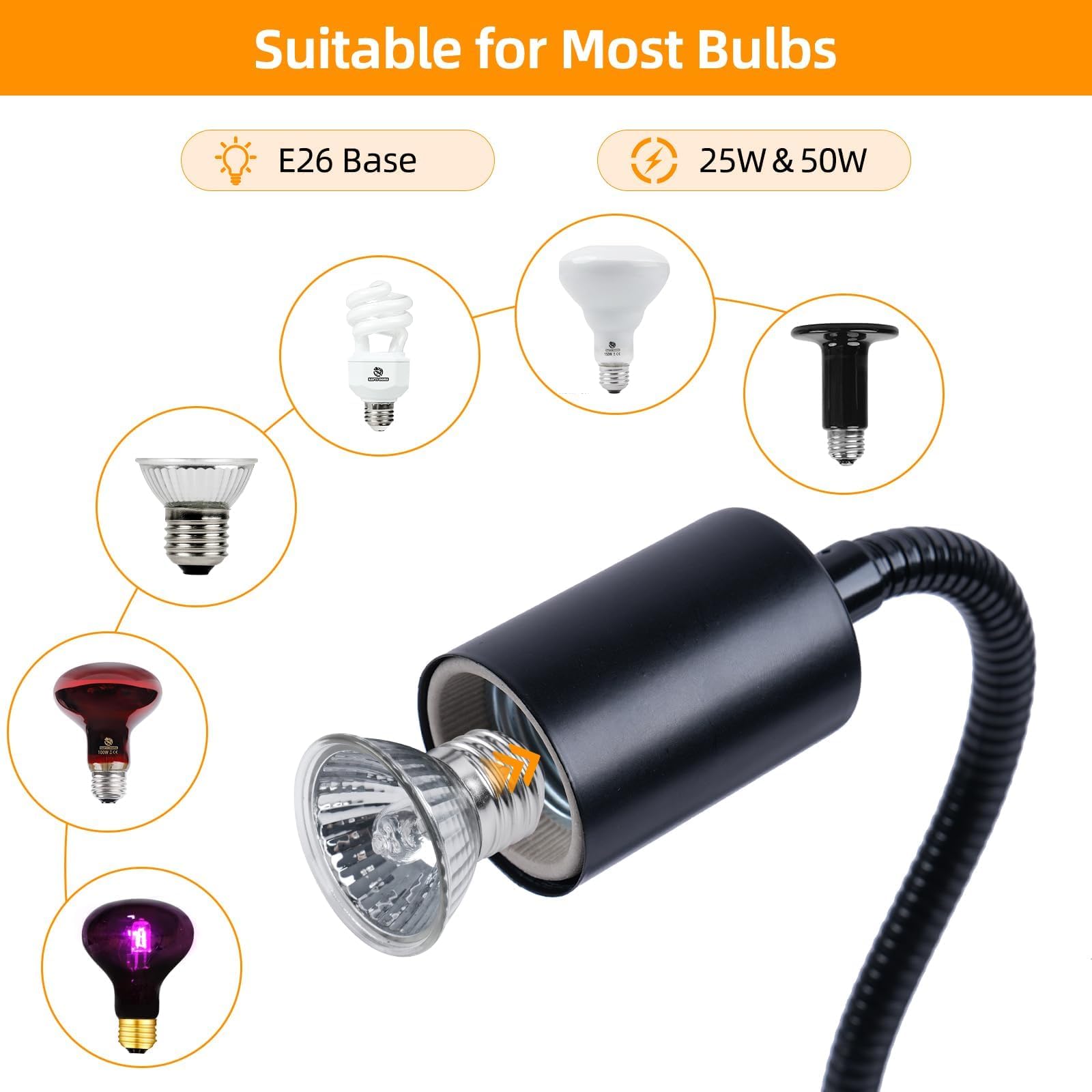 REPTI HOME E26 base heat lamp compatible with standard bulbs.