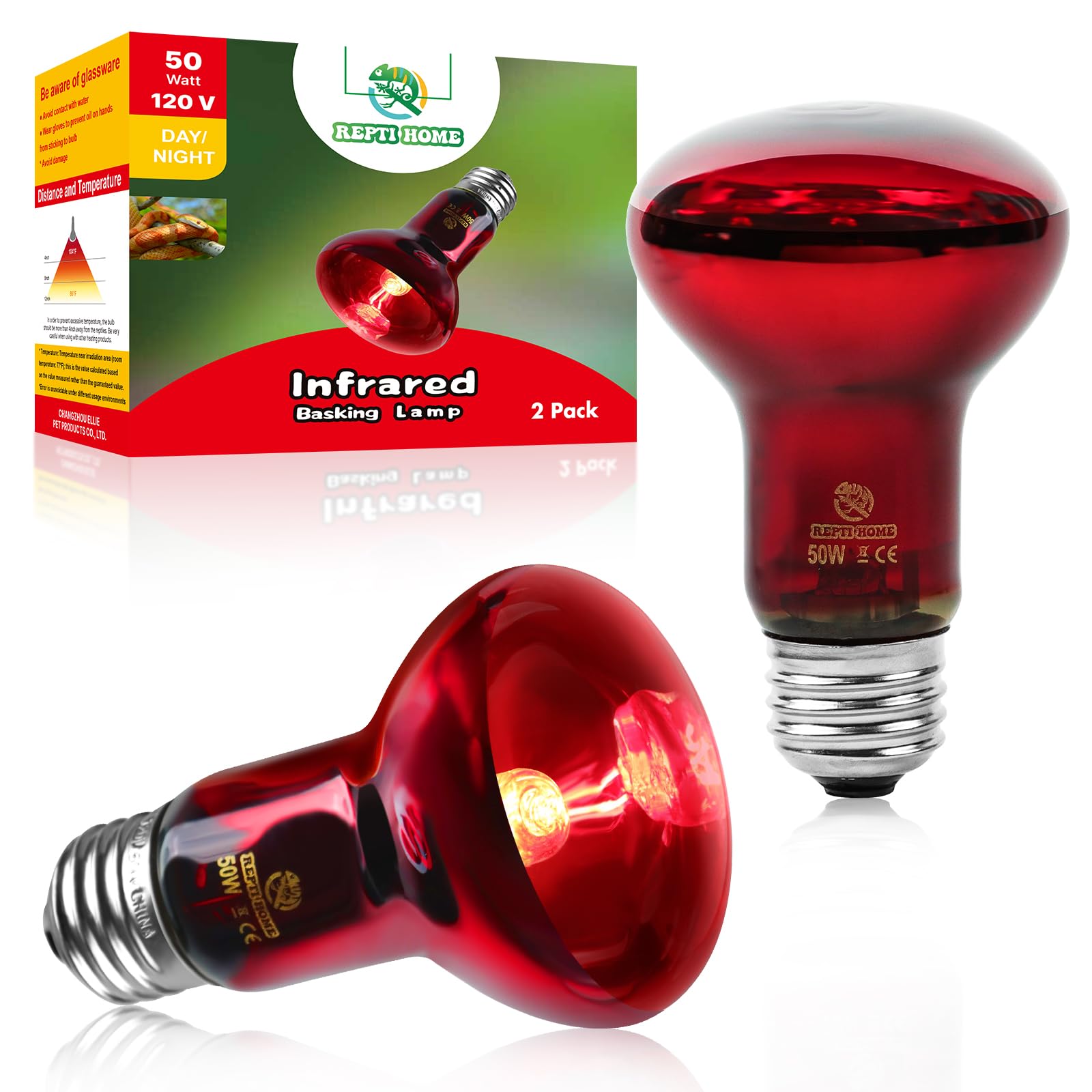 REPTI HOME infrared heat lamp bulbs 2-pack for reptile enclosures.