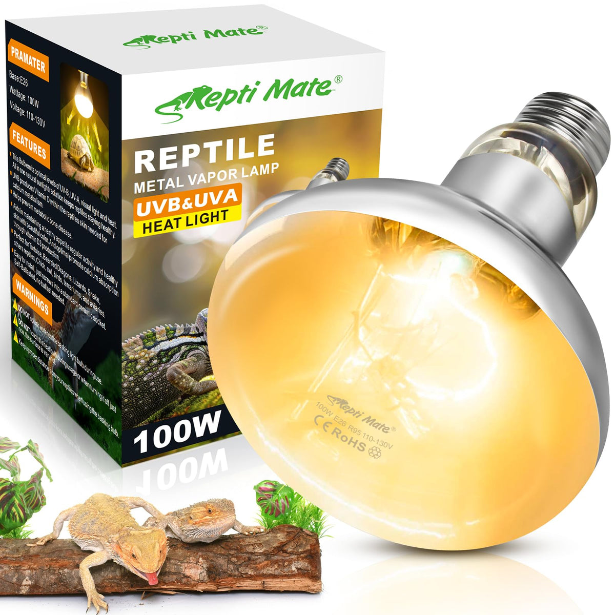 REPTI MATE 100W heat lamp bulb providing UVB for reptiles