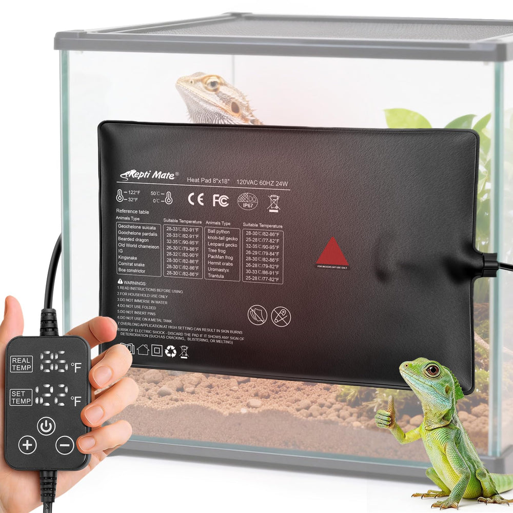 REPTI MATE heating pad positioned under terrarium for consistent reptile warmth